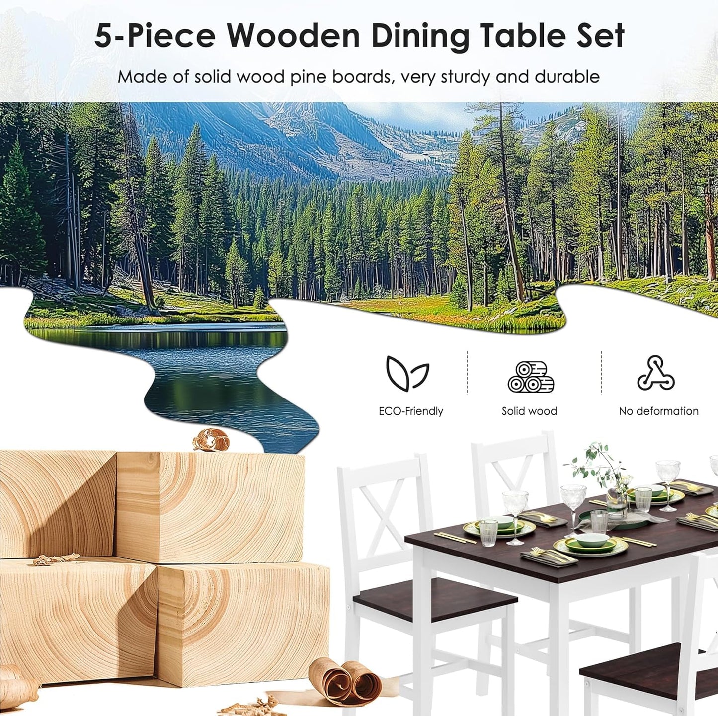 soges Kitchen Dining Table Chairs Set for 4, 42.5 inch Pine Wood Dining Room Table with 4 Chairs, 5-Piece Kitchen Table Chairs Set for Small Space, Apartment, Dinette, Breakfast, Walnut & White