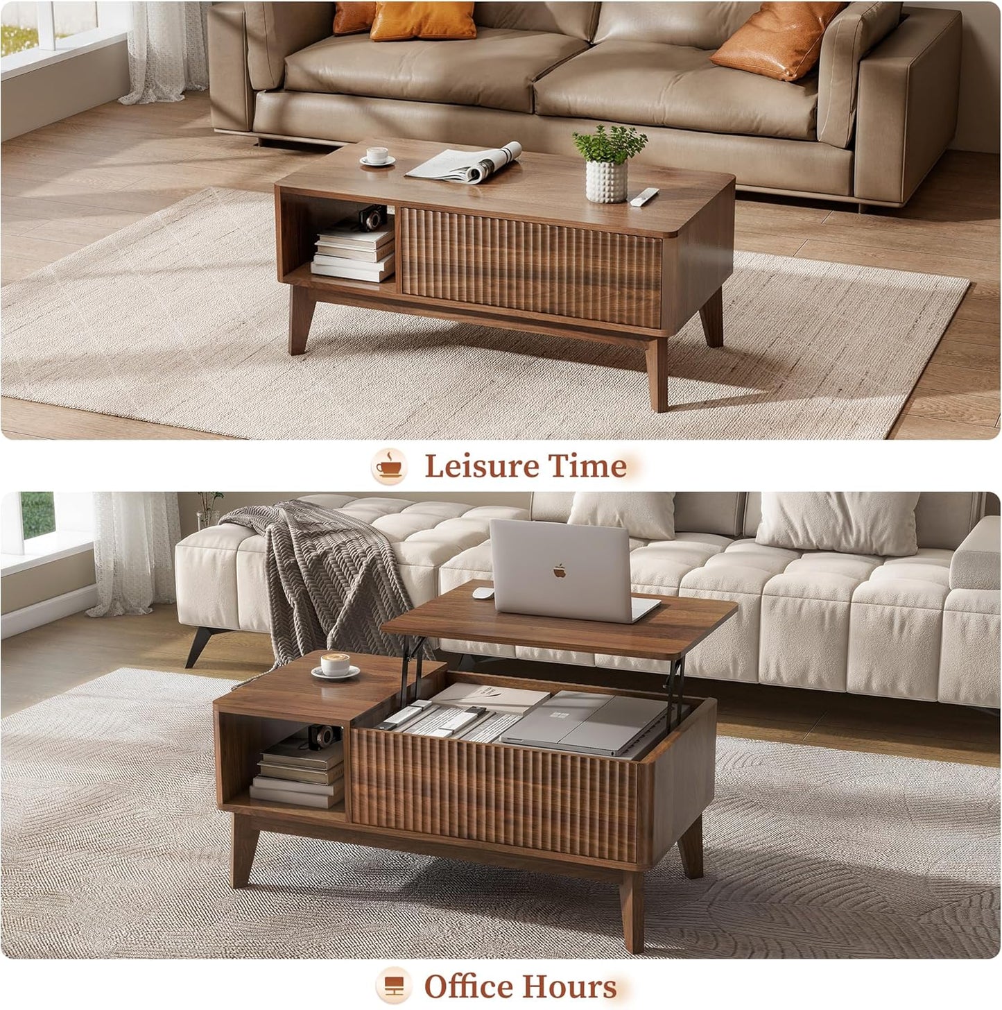 LYNCOHOME Fluted Lift Top Coffee Table with Hidden Compartment, Modern Center Table for Living Room, Home Office（Walnut）