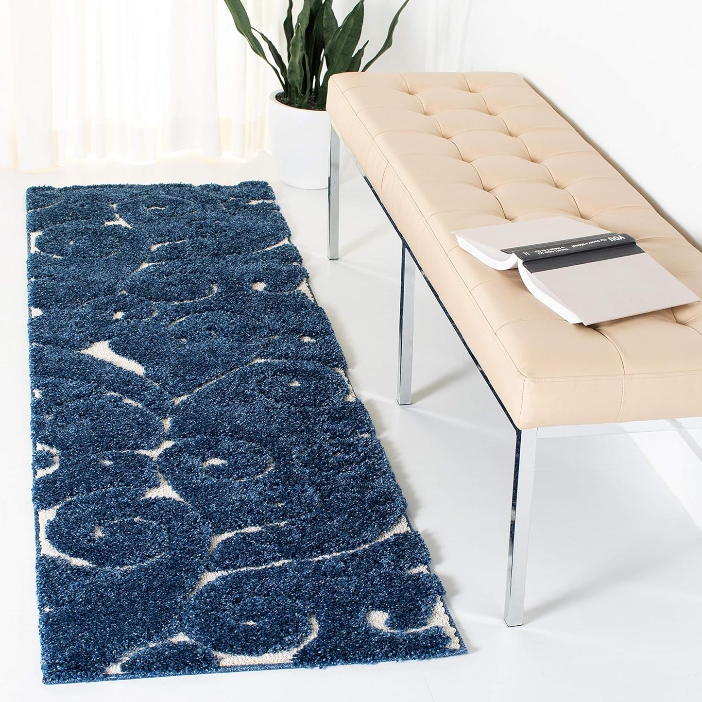 SAFAVIEH Florida Shag Collection Runner Rug - 2'3" x 17', Dark Blue & Cream, Scroll Design, Non-Shedding & Easy Care, 1.2-inch Thick Ideal for High Traffic Areas in Living Room, Bedroom (SG455-6511)