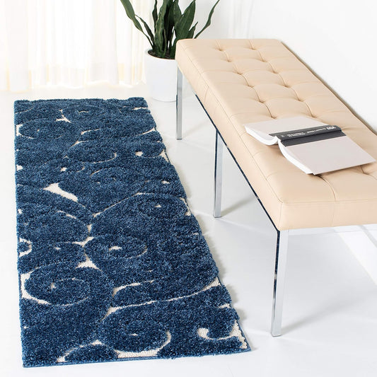 SAFAVIEH Florida Shag Collection Runner Rug - 2'3" x 17', Dark Blue & Cream, Scroll Design, Non-Shedding & Easy Care, 1.2-inch Thick Ideal for High Traffic Areas in Living Room, Bedroom (SG455-6511)