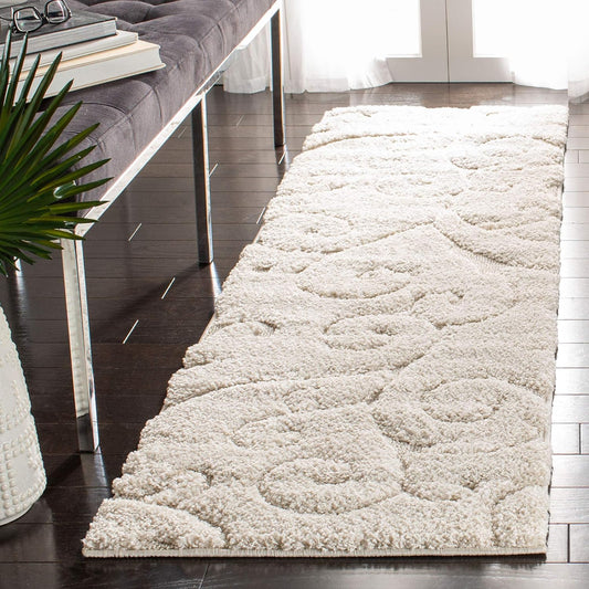 SAFAVIEH Florida Shag Collection Runner Rug - 2'3" x 13', Creme & Creme, Scroll Design, Non-Shedding & Easy Care, 1.2-inch Thick Ideal for High Traffic Areas in Living Room, Bedroom (SG455-1111)
