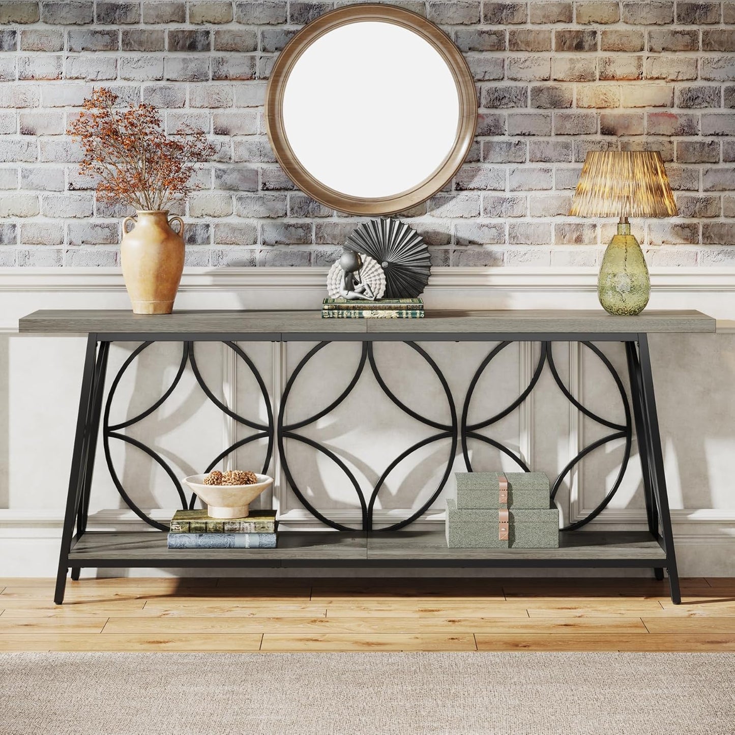 70.9-Inch Sofa Table, 2-Tier Narrow Console Table with Storage for Entryway, Living Room, Hallway, Foryer, Geometric Pattern Design (Grey)