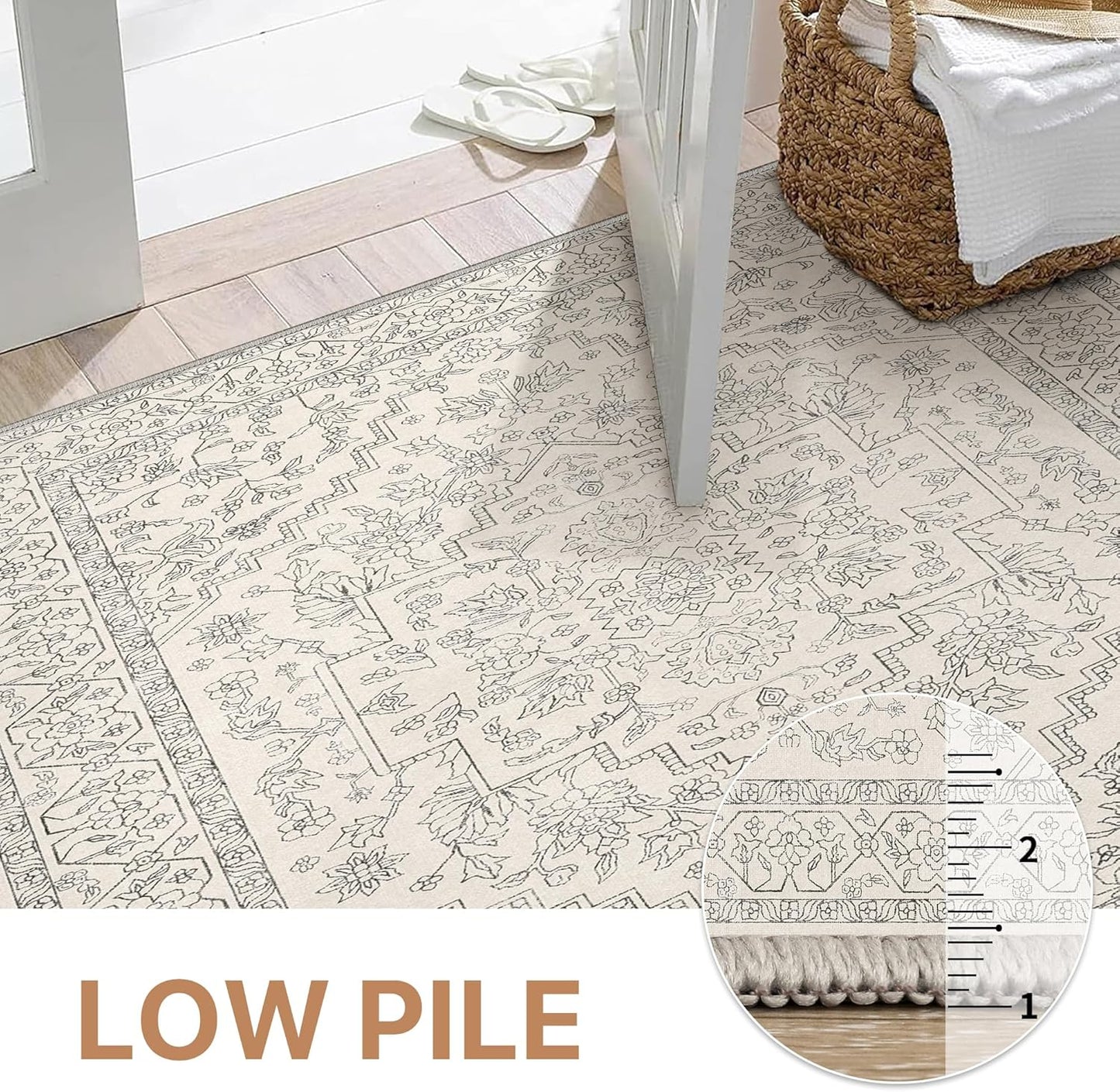 GENIMO 10x14 Area Rugs for Living Room, Machine Washable Non Slip Vintage Rugs, Low Pile Lightweight Chenille Print Rug for Bedroom, Dining Room, Home Office, Beige Line