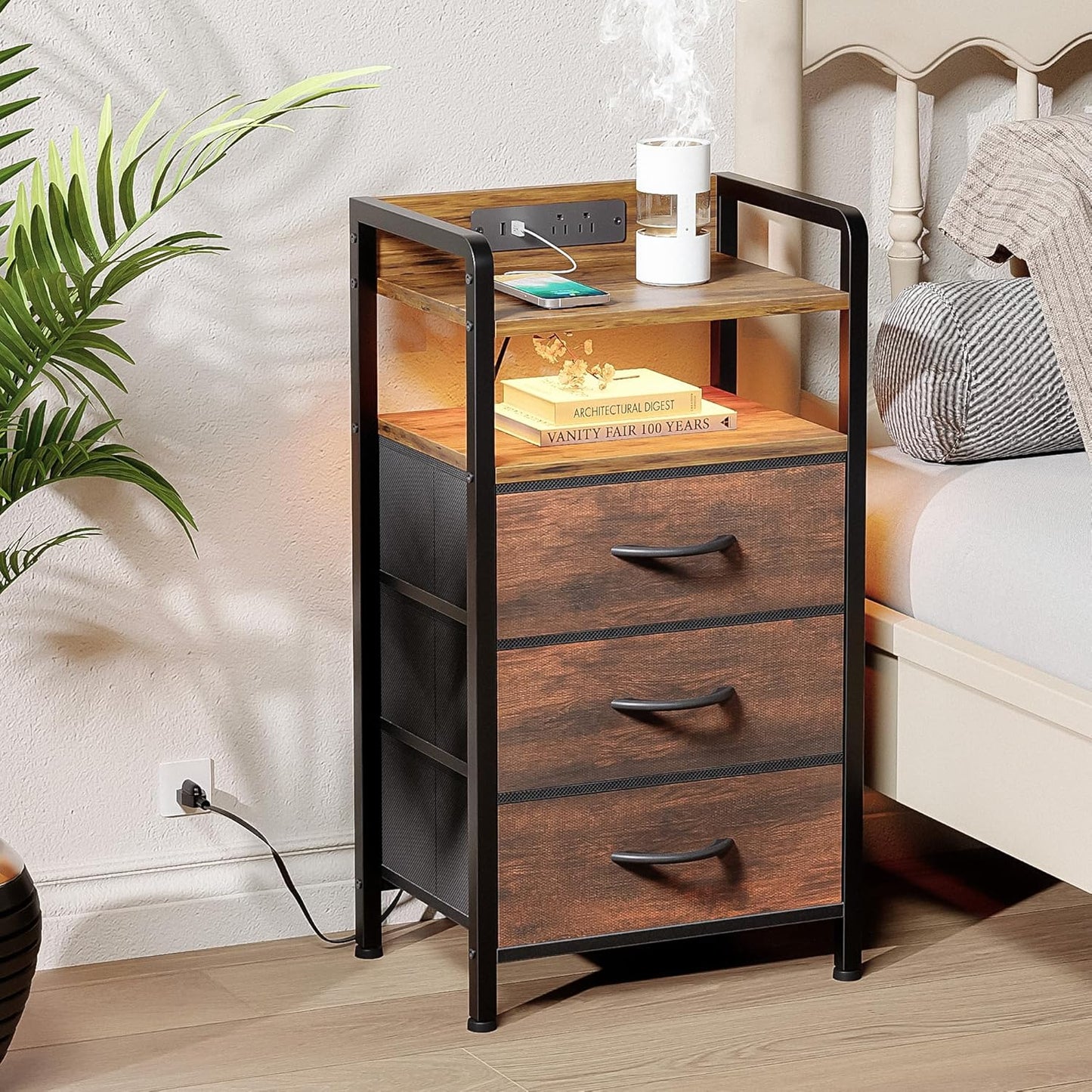 Night Stand Bedside Table Bedroom - Nightstand with Charging Station & LED Light Strip, Bed Side End Table with Storage Shelf & 3 Fabric Drawers, U-S-B Ports & AC Outlets, Rustic Brown