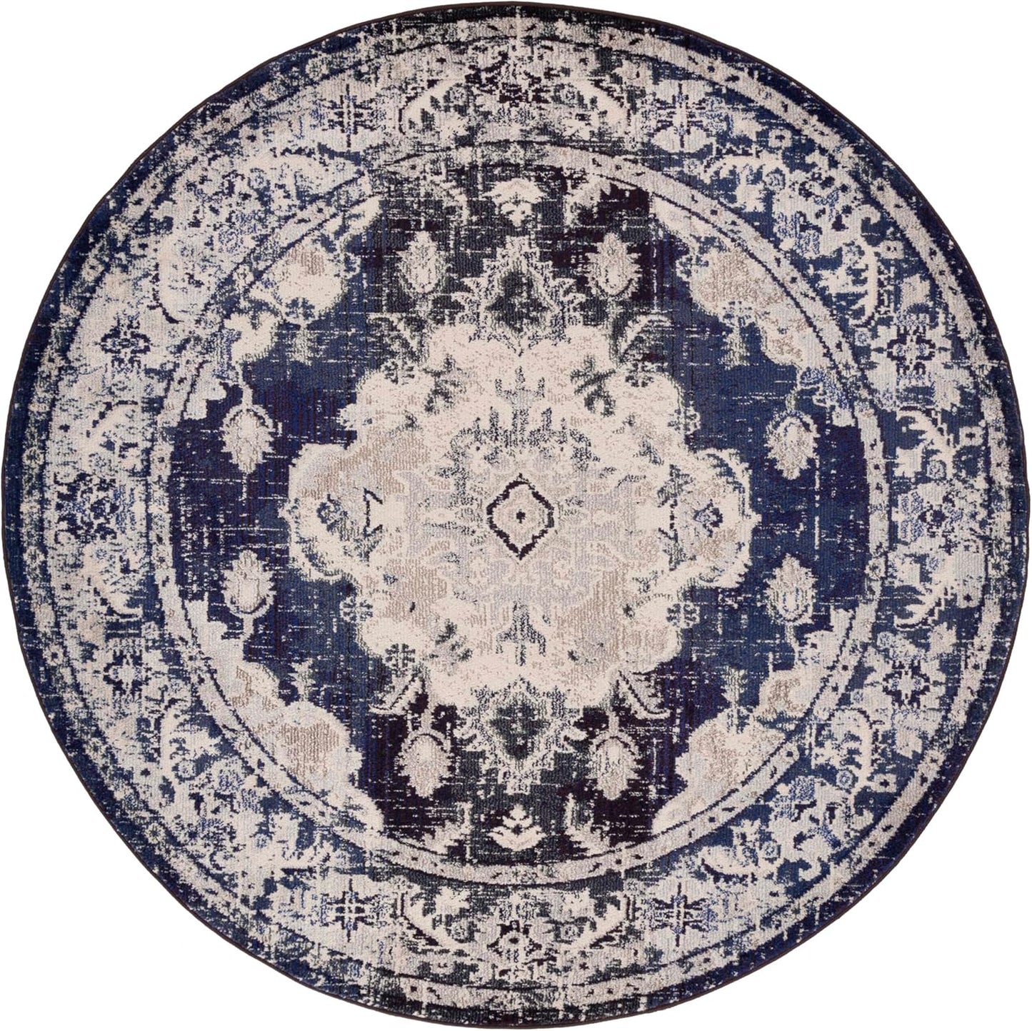 SAFAVIEH Monaco Collection Round Rug - 6'7" Round, Ivory & Navy, Traditional Design, Slip Resistant & Stain Resistant, Ideal for High Traffic Areas in Living Room, Bedroom & Dining Room (MNC243C-7R)