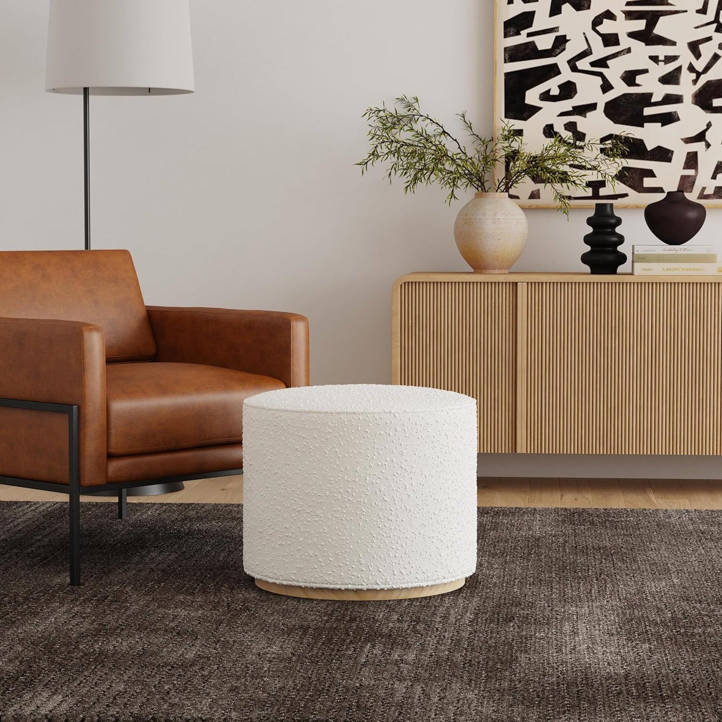 Bouclé Ottoman with Wooden Base – 22” Round Upholstered Footrest, Cream Textural Fabric, Modern Accent Stool for Living Room & Bedroom