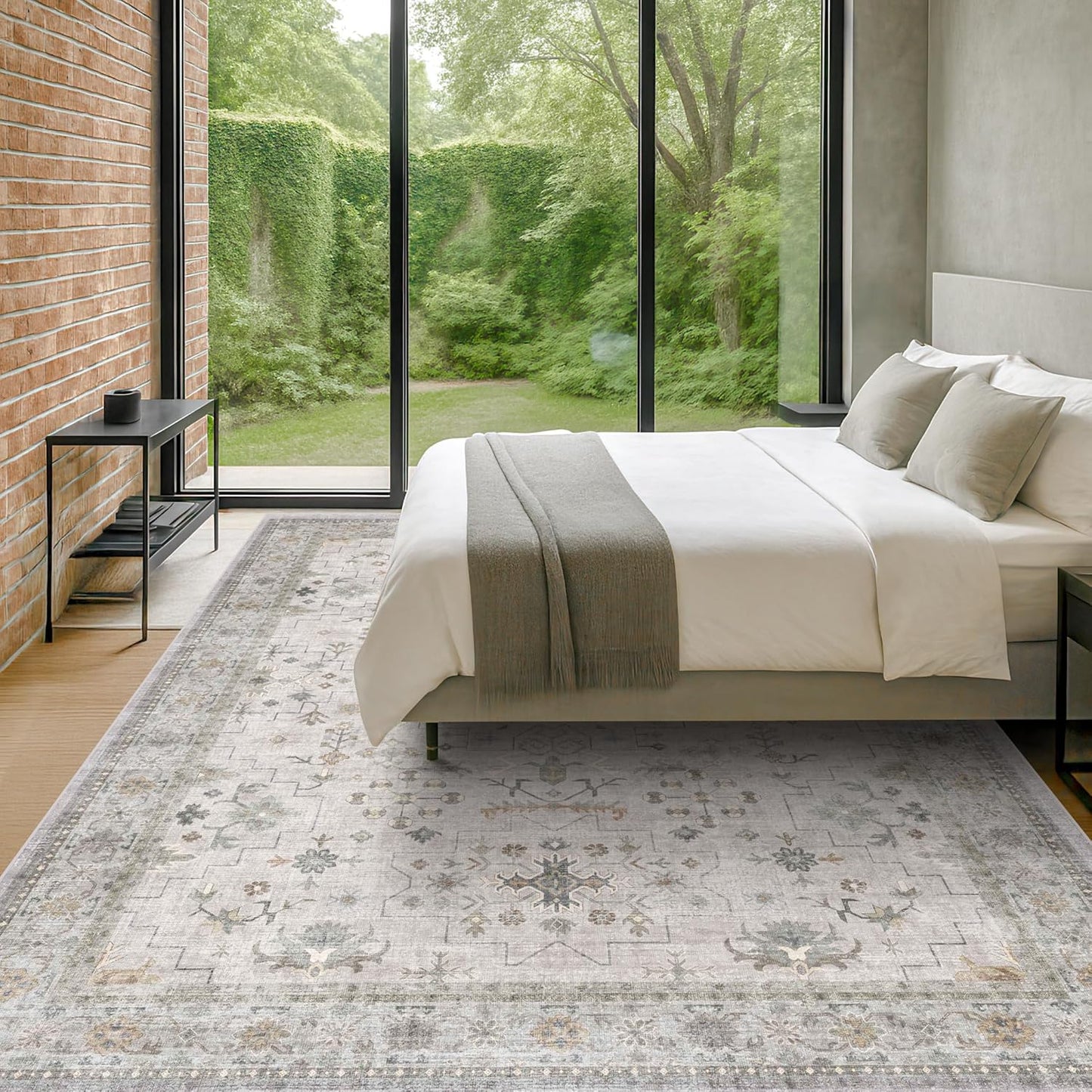 Boho Light Grey Living Room Rug 10x12 - Modern Vintage Eclectic Floral Pastel Neutral Taupe, Washable Low Pile Non-Slip Extra Large Area Rugs for Dining Under Table Bedroom Lounge