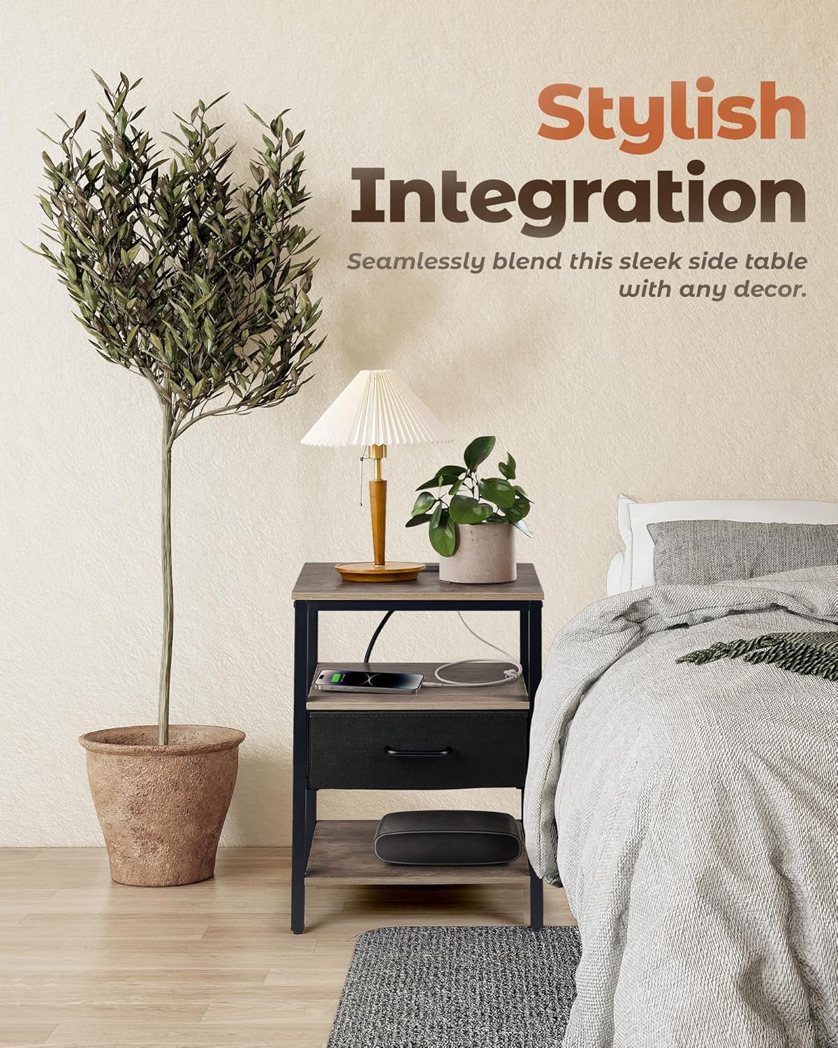 Nightstand with Charging Station, Bed Side Table with Fabric Drawer, 3-Tier Storage Dorm Night Stand for Bedroom, 2 USB & 2 Outlets End Table, Greige and Black