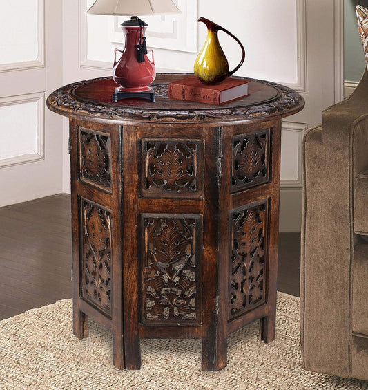 Round Wood Coffee Table - 18” Carved Small Accent Side Table with Burnt Finish, Wooden Altar Table, 18” Round Top x 18” Height, Perfect End Table for Living Room Décor