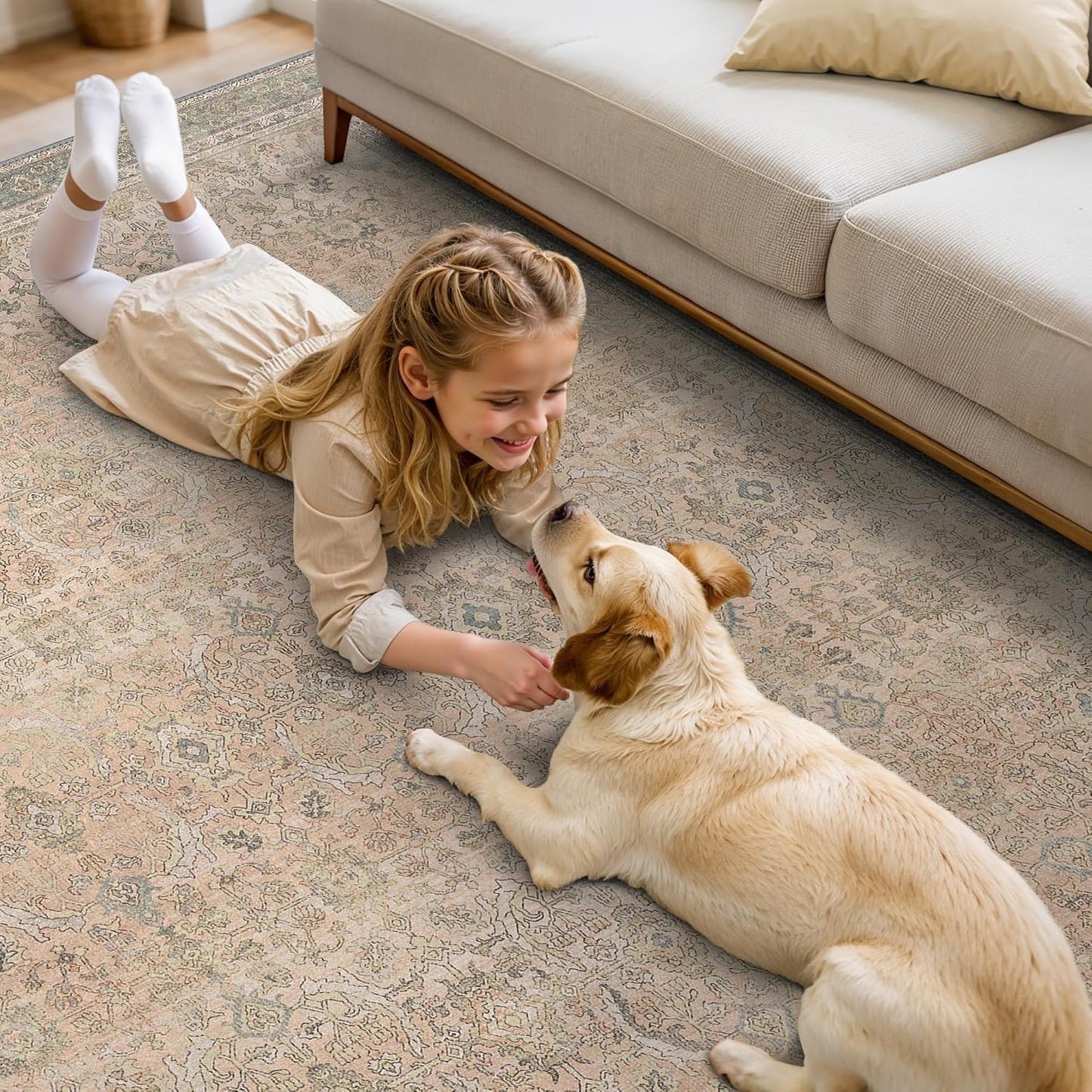 9X12 Area Rugs Machine Washable Rugs for Living Room, Vintage Boho Large Rugs for Bedroom Dining Room, Non Slip Indoor Soft Distressed Lightweight Thin Low Pile Carpet, Soft Sand