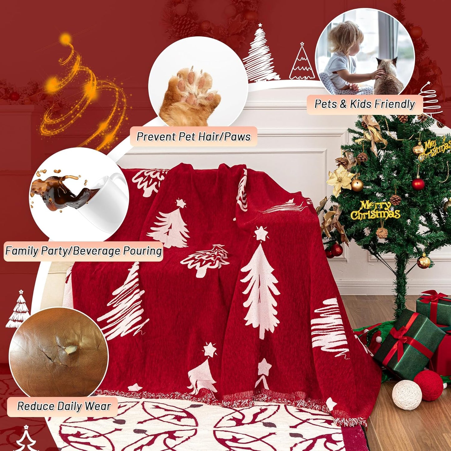 MYSKY HOME 71X102 inches Chair Christmas Couch Cover, Sectional Sofa Covers Sofa Slipcover for 1 Cushion Couch, L Shape Couch Covers for Dogs, Kids, Washable Sofa Blanket, Furniture Protector, Red