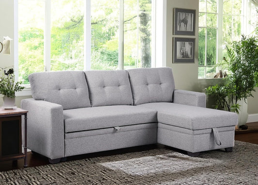82 Inch Convertible Sleeper Sectional Sofa with Storage Chaise and Pull-Out Bed, Linen Upholstered Reversible Corner Couch, Modular L Shaped Couches for Living Room, Home Furniture, Light Gray
