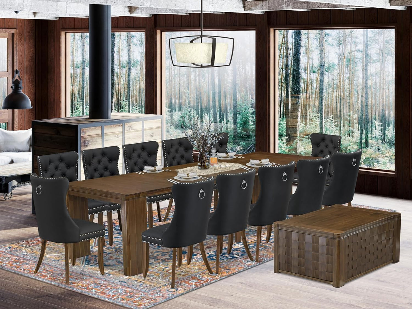 X12DA-0C8-12 14-Pc Mid Century Dining Set includes an Extendable Rectangle Kitchen Table, 1 Coffee Table and 12 Polyester Fabric Dining Chairs, 39x120 Inch, Antique Walnut