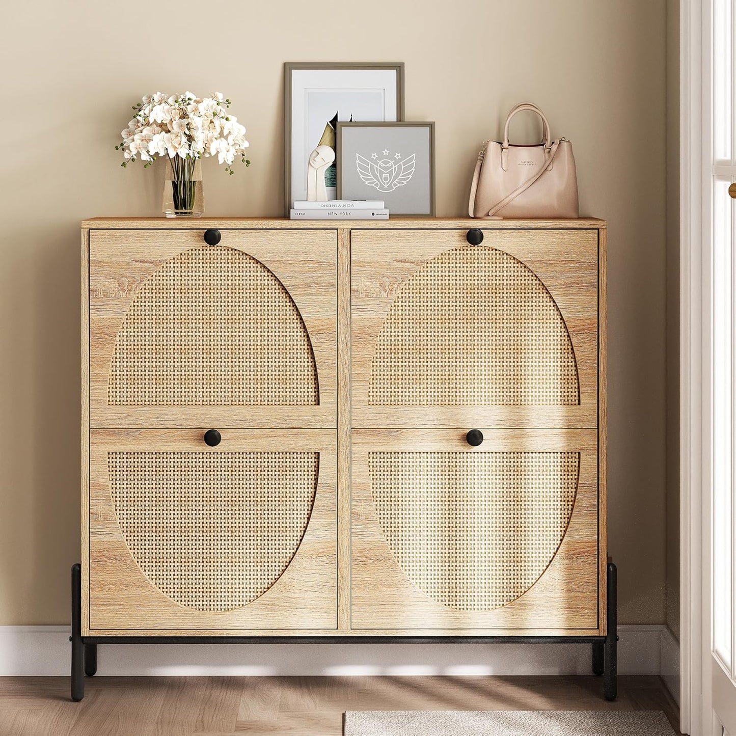 IRONCK Rattan Shoe Cabinet Storage with 4 Flip Drawers, Freestanding Shoe Storage Organizer Cabinet for Entryway, Narrow Shoe Rack Cabinet, Oak