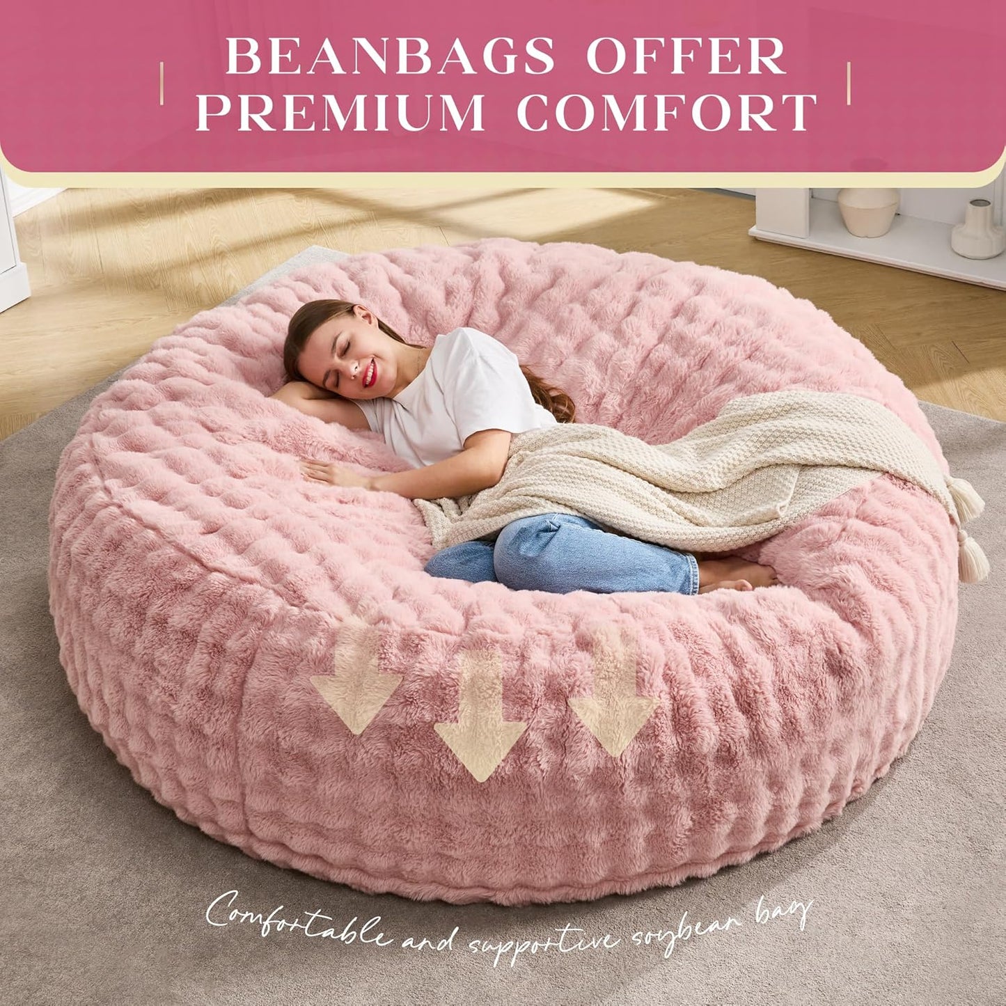 Hobestluk Bean Bag Chairs 6ft Beanbag Chair with Filler Adult Bean Bags with Fluffy & Machine Washable Cover, Giant Bean Bag Chairs for Aduts (Pink, 6FT-70" x 70" x 15")