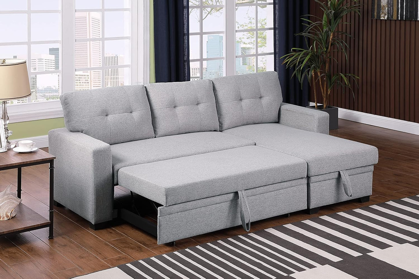 Devion Furniture Garisa 4-in-1 Convertible L Shaped Couch with Pull Out Bed and Storage, Sectional Sleeper Sofa with Reversible Chaise for Living Room, Apartment, Bedroom, Office