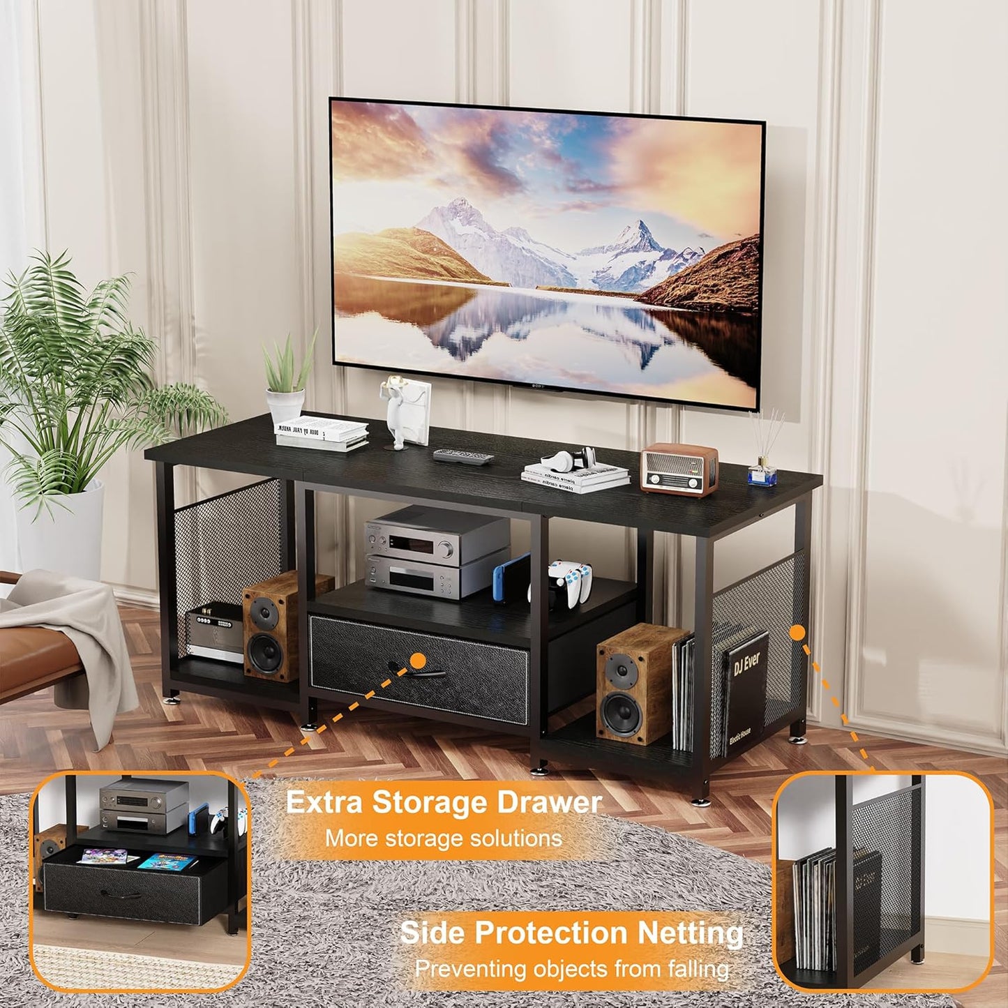 TV Stand with Drawers and Open Storage Shelves for 65 60 55 Inch TV, Entertainment Center with Open Storage Shelves, Industrial Media TV Console Table for Living Room Bedroom Office, Black