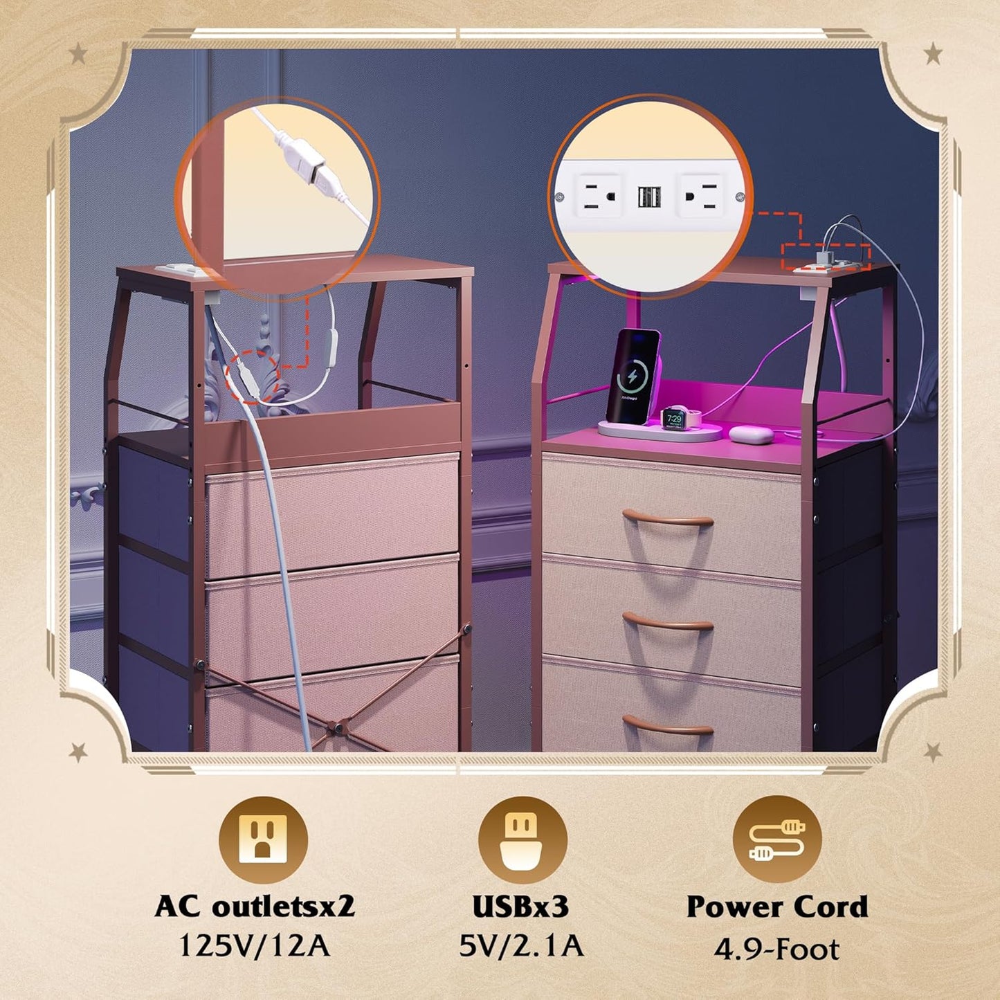 WLIVE 4 Drawer Dresser for Bedroom, 37" H Nightstand with Charging Station and Led Light, Tall Night Stand Bed Side Table, End Table with USB Ports and Outlets, Fabric Bins, Wood Shelf, Pink