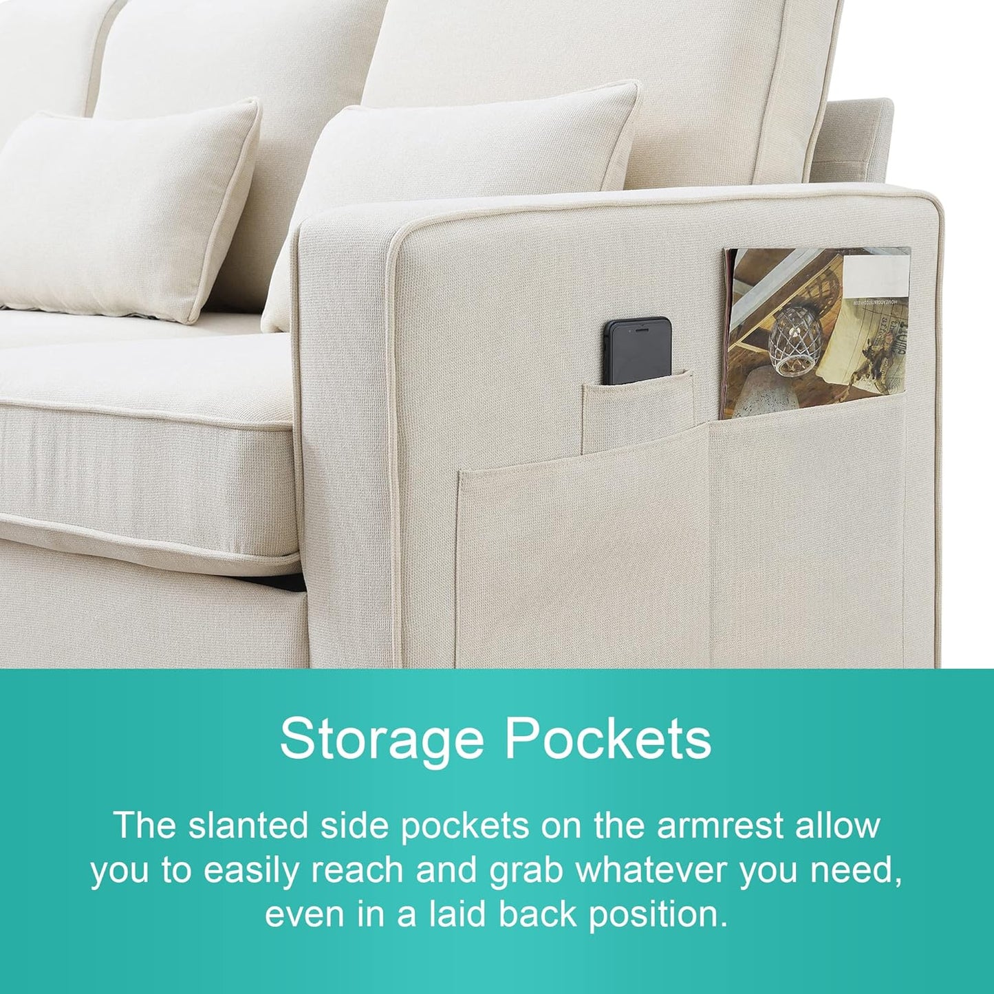 104" 4-Seater Modern Linen Fabric Sofa with Armrest Pockets,Minimalist Style Wood Frame Couch,w/ 4 Pillows,for Living Room,Apartment,Office,Beige