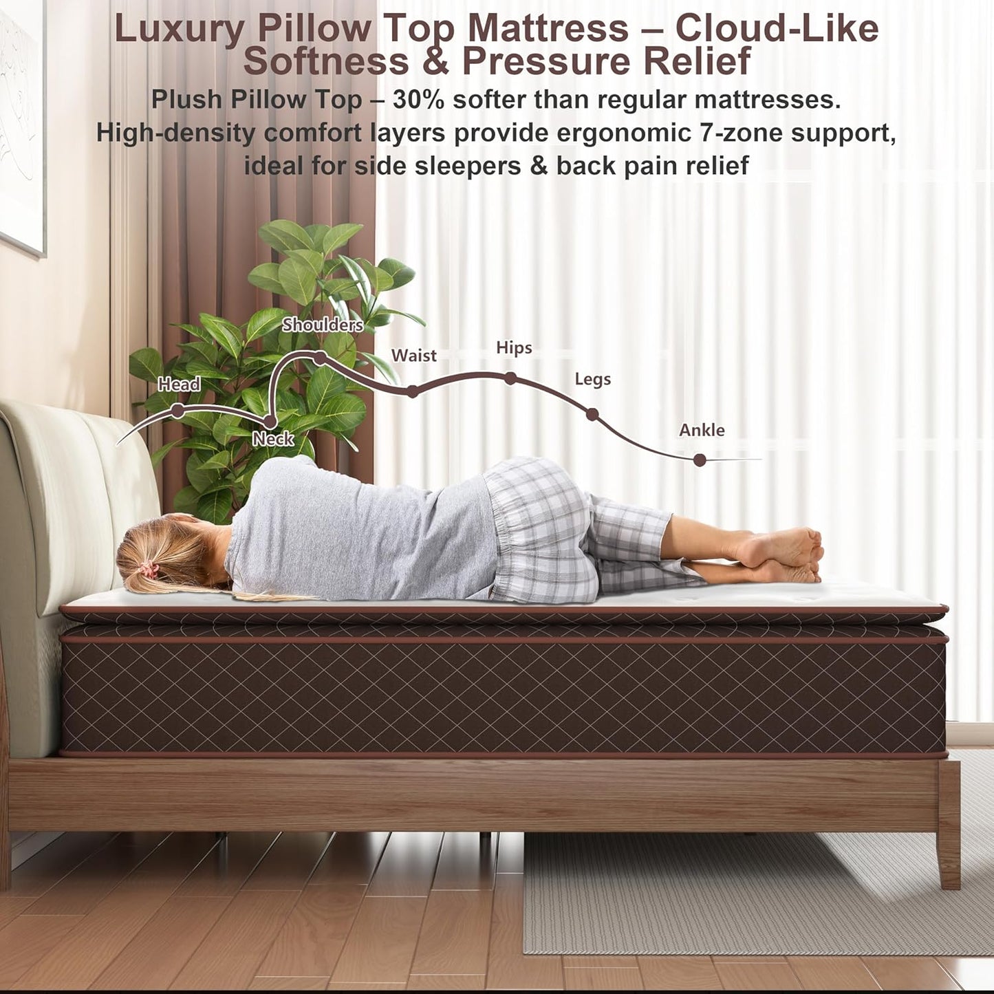 Queen Mattress, 14 Inch Pillow Top Queen Size Mattress – Plush Comfort with Pocketed Coils & Pressure Relief – Ideal for Side Sleepers, Motion Isolation & Back Pain Relief,Firm