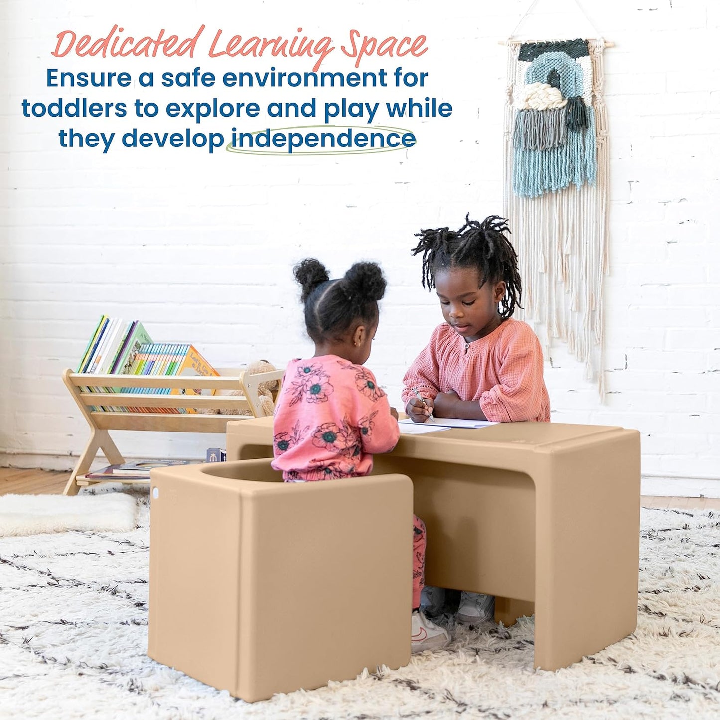 ECR4Kids Tri-Me Table and Cube Chair Set, Multipurpose Furniture, Sand, 3-Piece