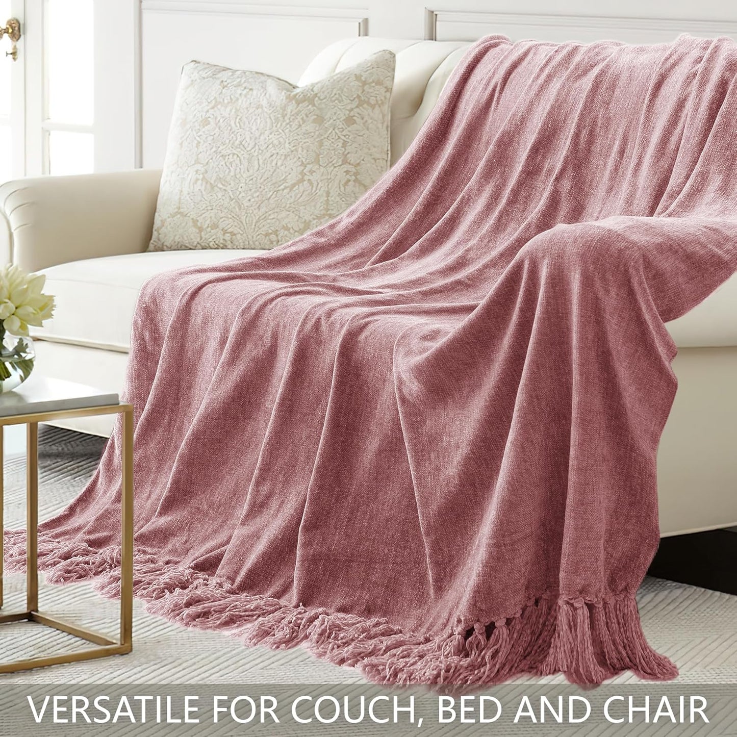Chenille Throw Blanket for Couch 60"X 80" Twin, Soft Cozy Throws with Fringe Tassel for Bed Sofa Chair Cover, Lightweight Knitted Decorative Boho Blankets for Living Room, Mauve