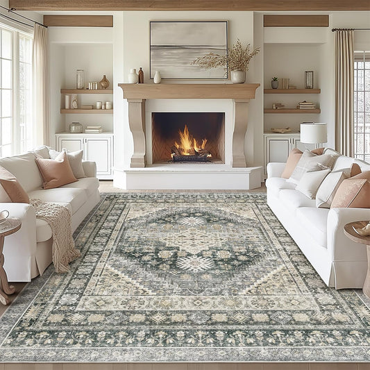 zesthome 6x9 Area Rug, Super Soft Washable Rugs for Living Room, Non-Slip Stain Resistant Vintage Rugs, Ultra-Thin Large Area Rugs (Wheat/Charcoal,6'x9')