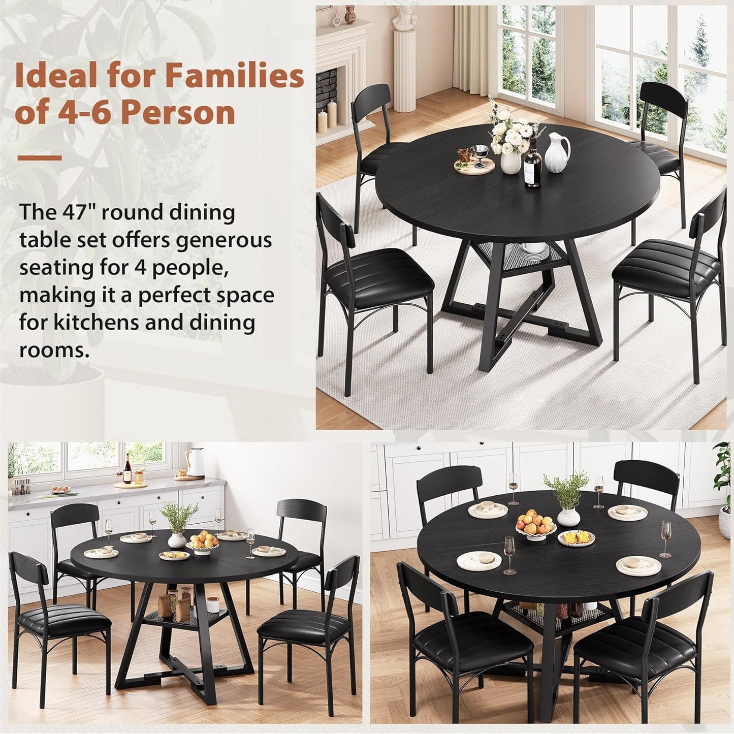 Round Dining Table Set for 4, Kitchen Table and Chairs for 4, Circle Table Round Pedestal Dining Room Dinner Dinette Table Set,5 Piece Space Saving Wood Kitchen & Dining Room Tables (Black, 42In)