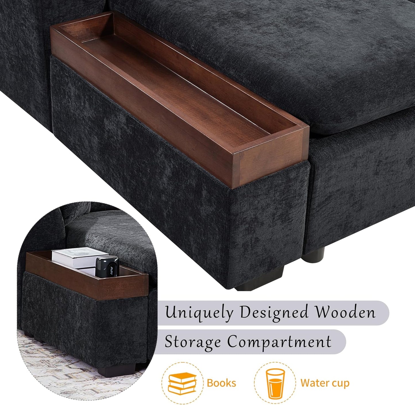 Merax 93.7" L-Shaped Sectional Sofa with Wooden Storage Compartment, Chenille Upholstered Deep Seating Sleeper Couch & Chaise Lounge and Throw Pillows for Living Room, Black