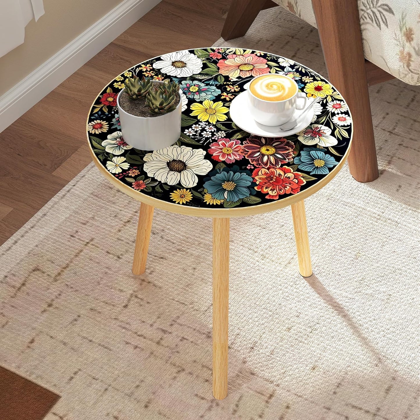 Mandala Round End Table, Small Side Table with Colorful Flowers Finish, Retro Modern Small Coffee Table for Balcony, Living Room(15.7" Dia. x 18.5" H, Colorful, Round)
