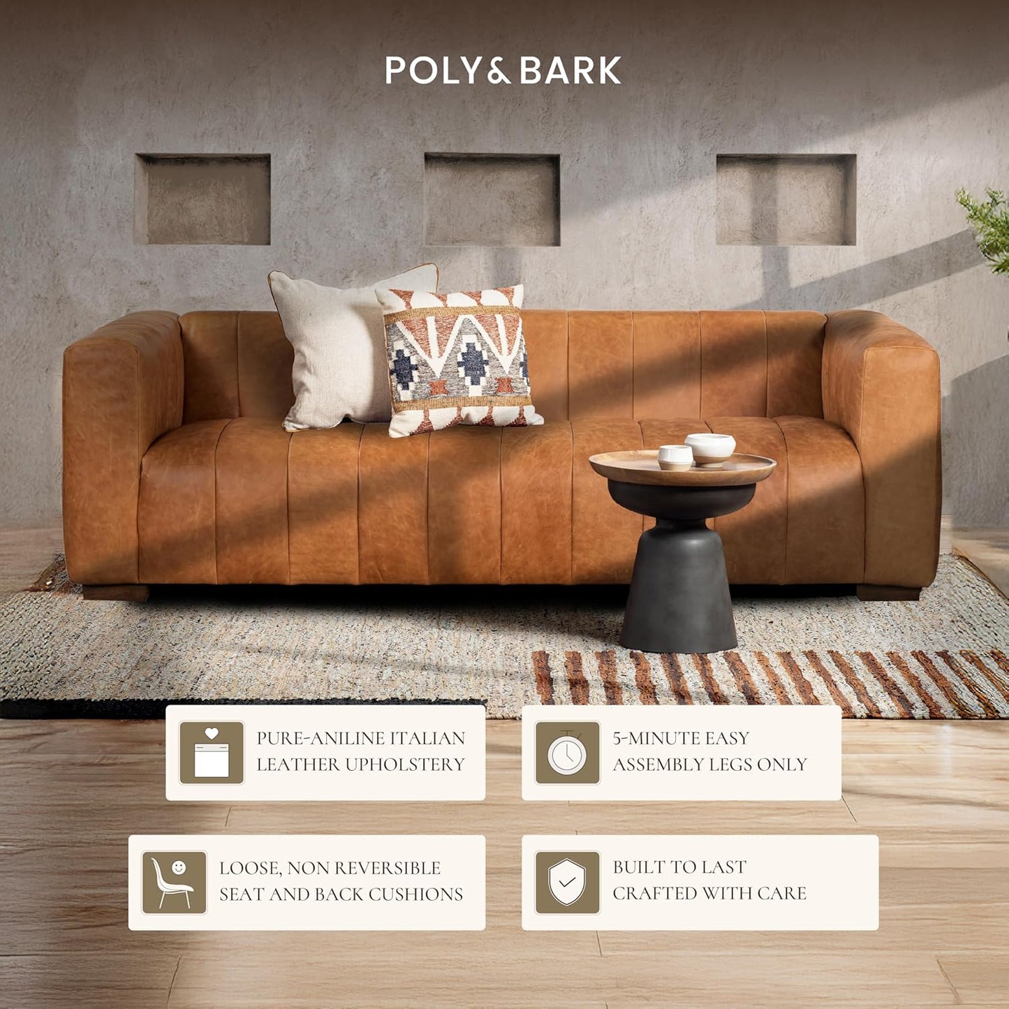 Poly & Bark Canale Leather Couch - 86 Inch Sofa - Full-Grain Channel Tufted Leather Sofa for Living Room - Living Room Couch - Pure Aniline Vintage Italian Leather in Cognac Tan