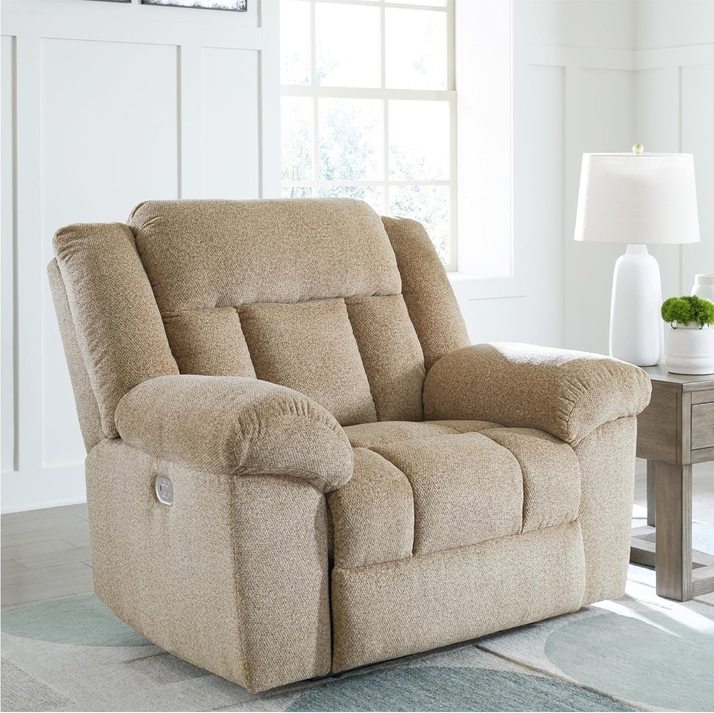 Signature Design by Ashley Tip-Off Classic Wall Hugger Power Recliner with Adjustable Headrest and USB Ports, Light Brown
