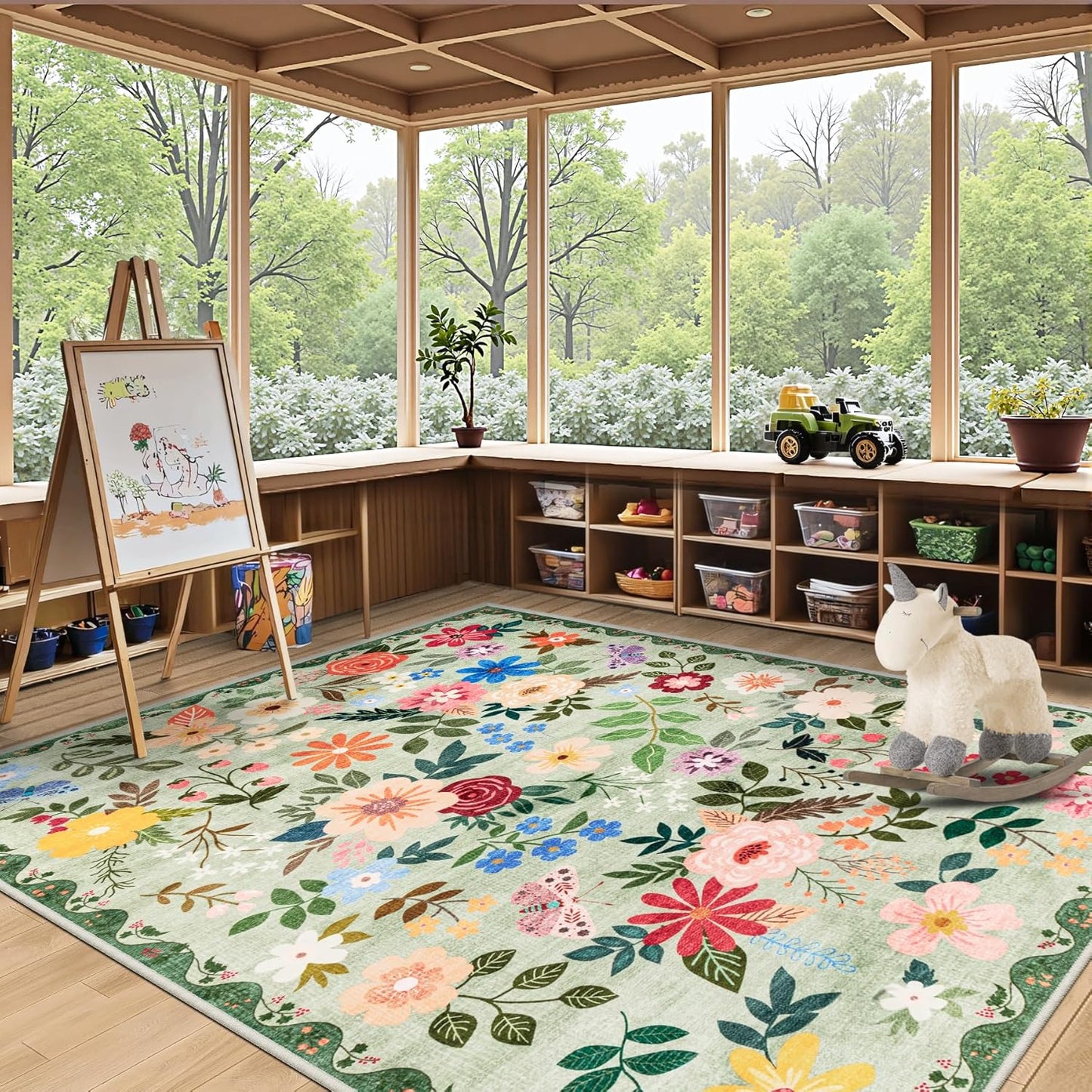 6x9 Area Rugs for Living Room: Floral Washable Rug Vintage Large Soft Boho Non-Slip Carpet Indoor Stain Resistant Thin Carpets for Bedroom Dining Room Farmhouse Nursery Hallway Home Office Green