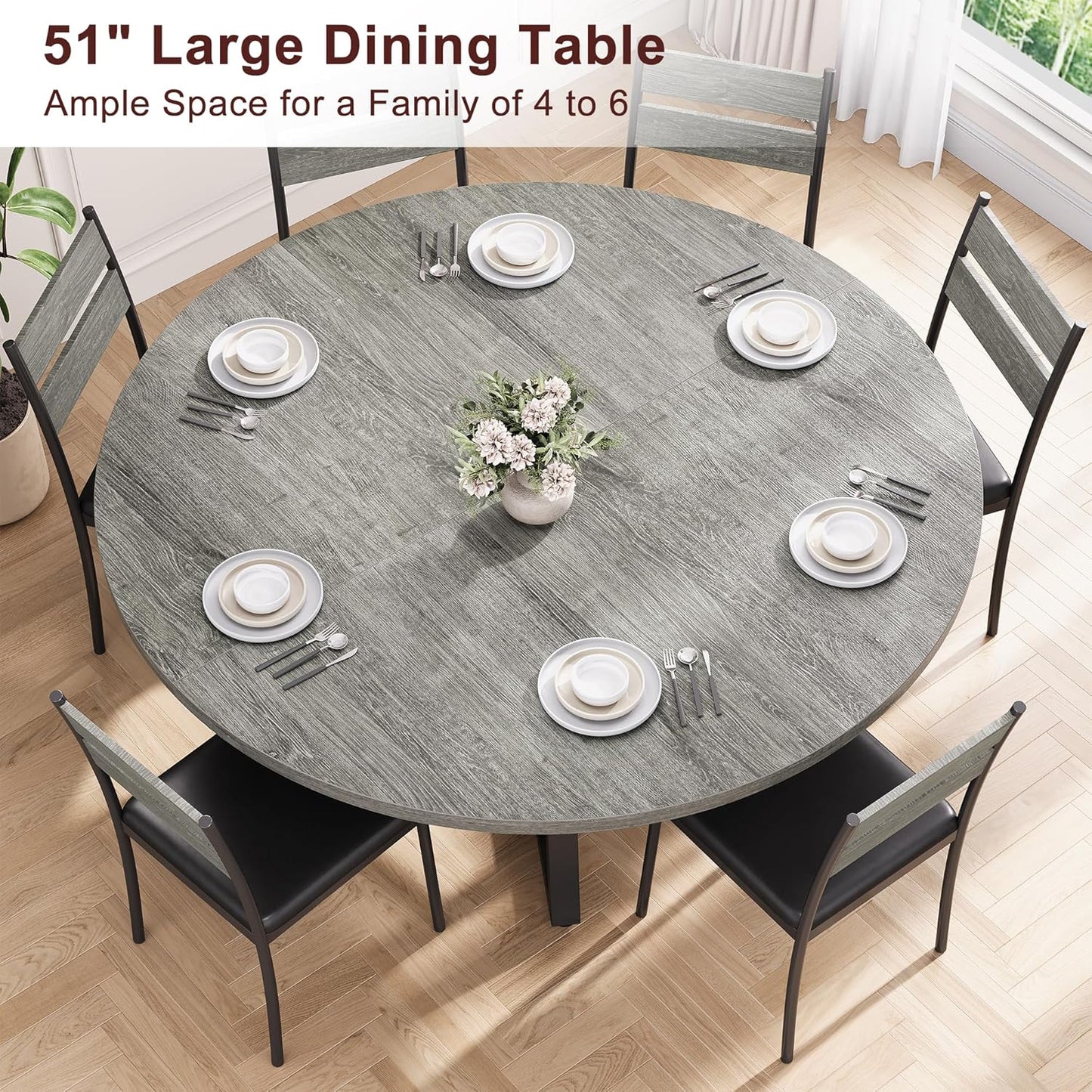 51" Round Dining Table for 6,Kitchen Dining Room Circle Dinner Pedestal Table,Space Saving Wood Kitchen & Dining Room Furniture (Grey, 51In)