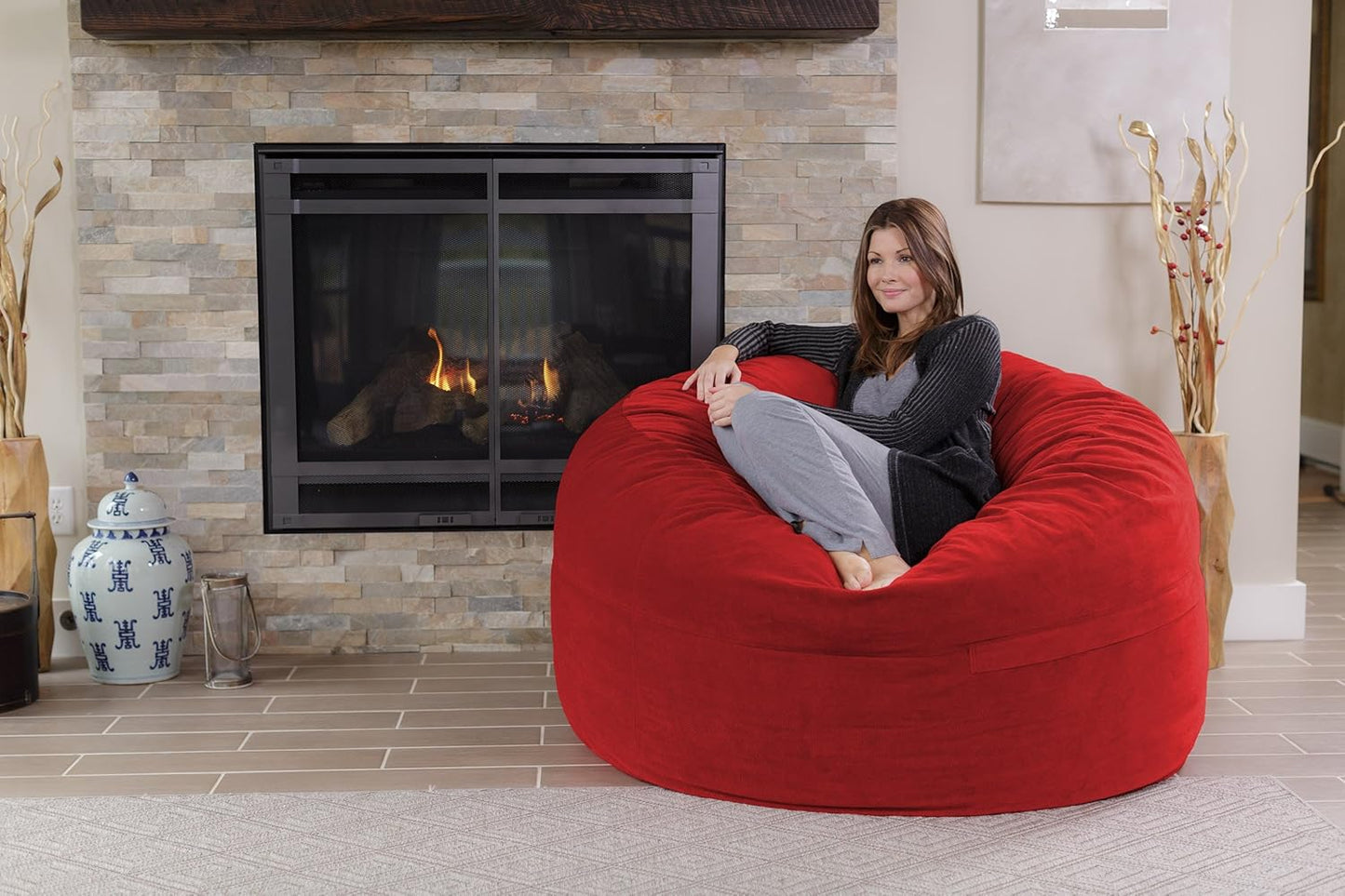 Chill Sack Bean Bag Chair - 5' Giant Memory Foam Lounge Chair with Soft Microfiber Cover – Cozy Furniture for Living Room, Dorm, & Kids' Rooms – Comfortable 5 Ft, Pebble Lounge Sofa, Red