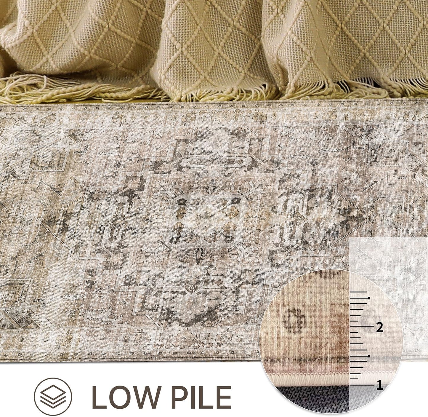 GENIMO 8x10 Area Rugs for Living Room, Machine Washable Non Slip Vintage Rugs, Low Pile Lightweight Chenille Print Rug for Bedroom, Dining Room, Home Office, Brownish Drab