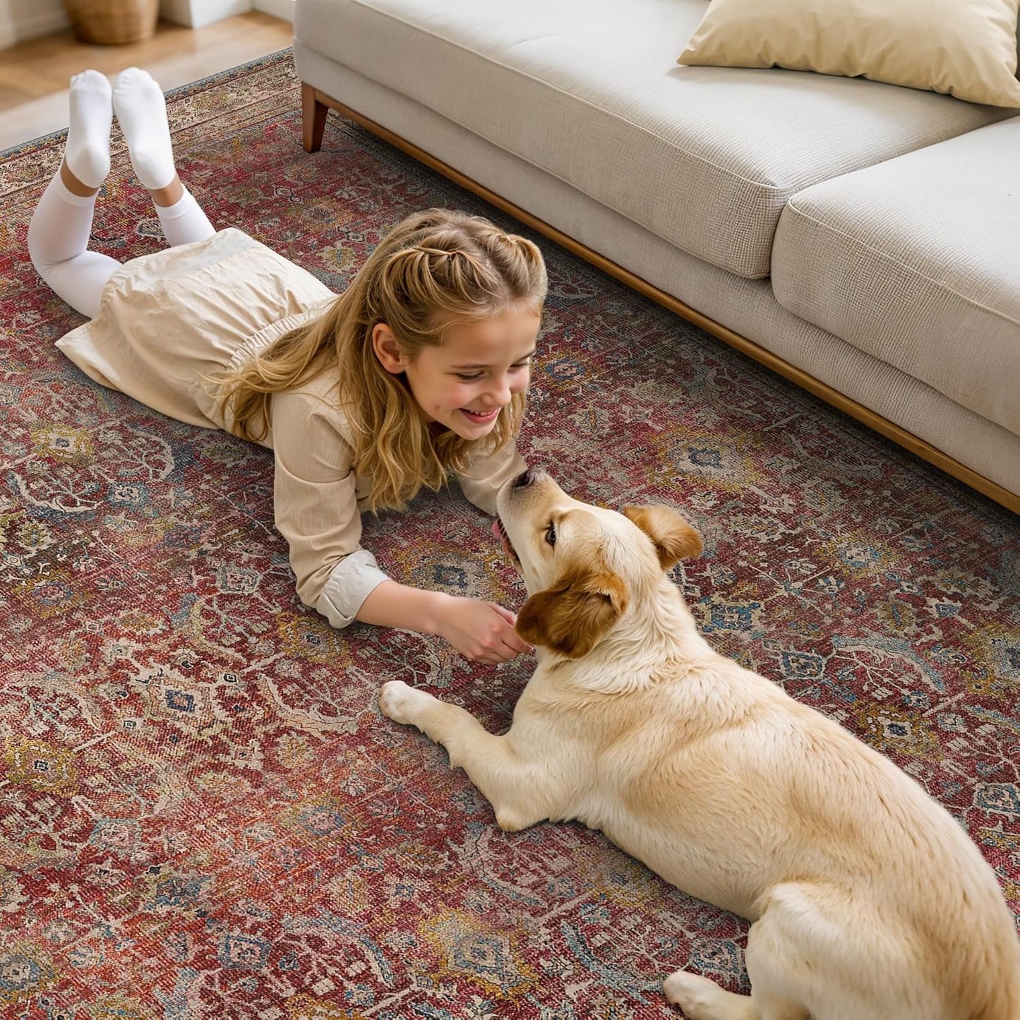 9X12 Area Rugs Machine Washable Rugs for Living Room, Vintage Boho Large Rugs for Bedroom Dining Room, Non Slip Indoor Soft Distressed Lightweight Thin Low Pile Carpet, Rust Red