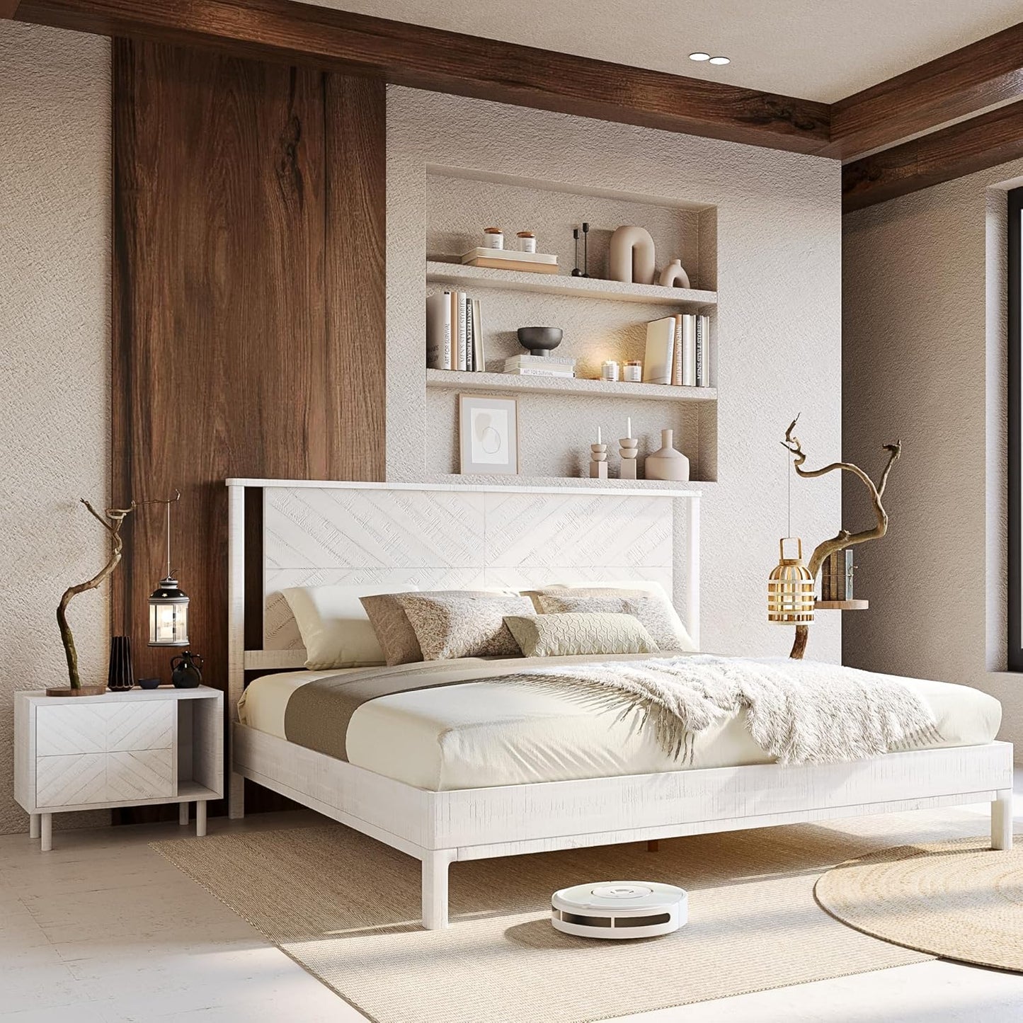 Bme Vivian 14 Inch Deluxe Bed Frame with Headboard, Rustic & Scandinavian Style with Solid Acacia Wood, No Box Spring Needed, 12 Strong Wood Slat Support, Easy Assembly, King, Rustic White