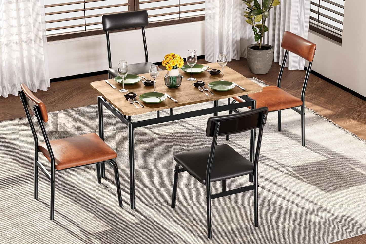 5 Piece Dining Room Table Set, Kitchen Table Set for 4 with Brown Wooden Grain Kitchen Table and 4 PU Upholstered Metal Chairs, Dining Room Set for Small Space,Home Dinner(2 Black & 2 Brown Chairs )