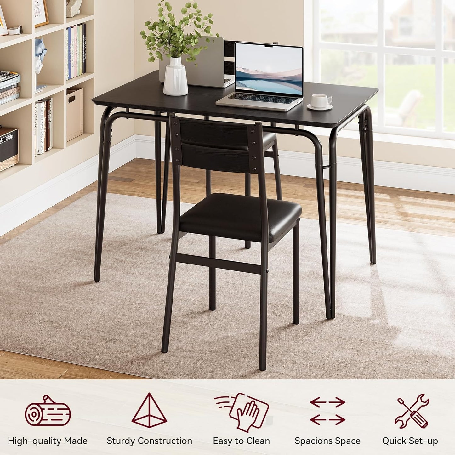 5 Piece Dining Table Set for 4, Compact Square Table Chairs, Sturdy MDF Top, Metal Frame, Space-Saving Breakfast Set for Kitchen, Apartment, Office, Easy Assembly Wipe-Clean