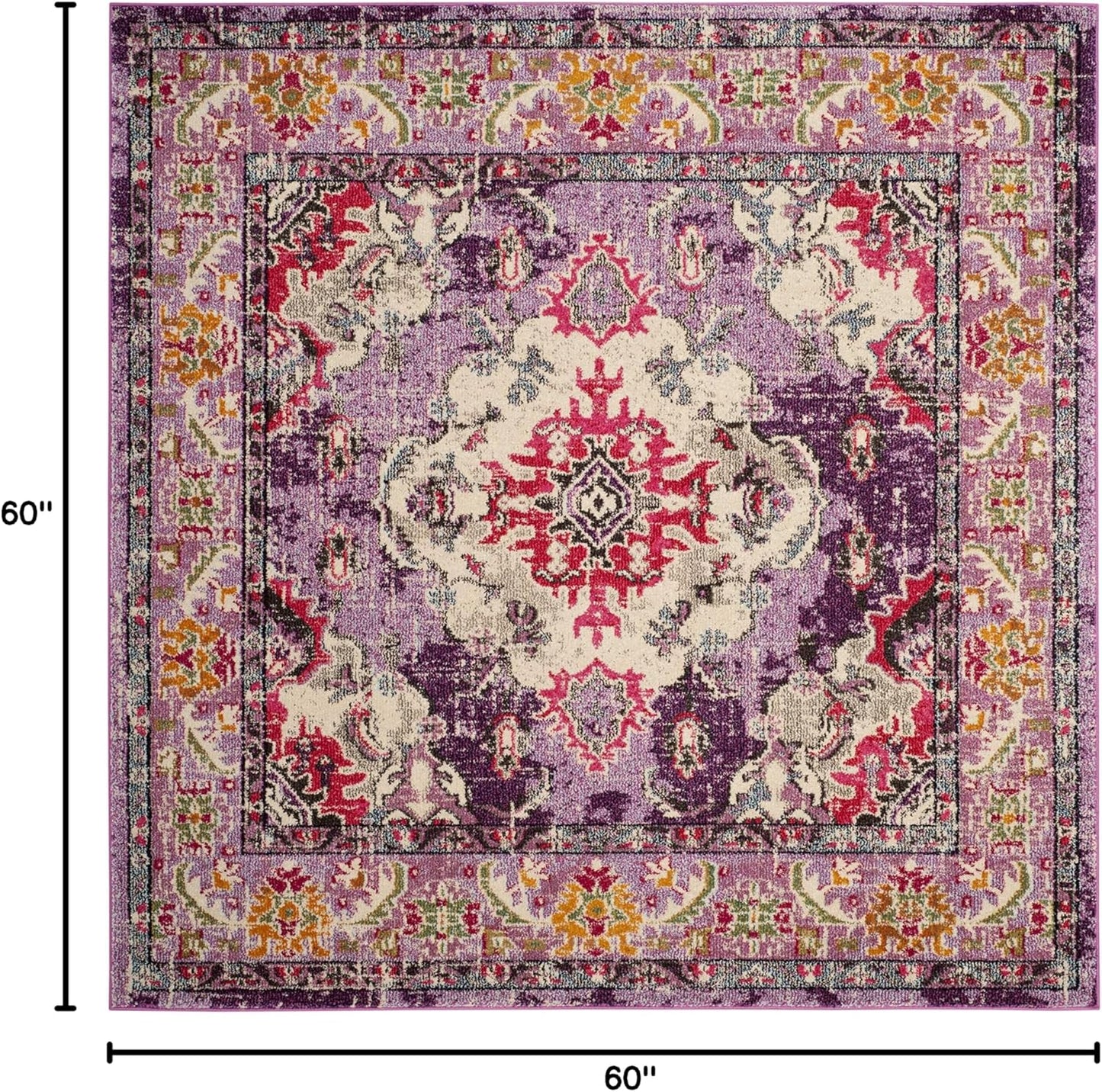 SAFAVIEH Monaco Collection Area Rug - 5' Square, Violet & Fuchsia, Boho Chic Medallion Distressed Design, Non-Shedding & Easy Care, Ideal for High Traffic Areas in Living Room, Bedroom (MNC243P)