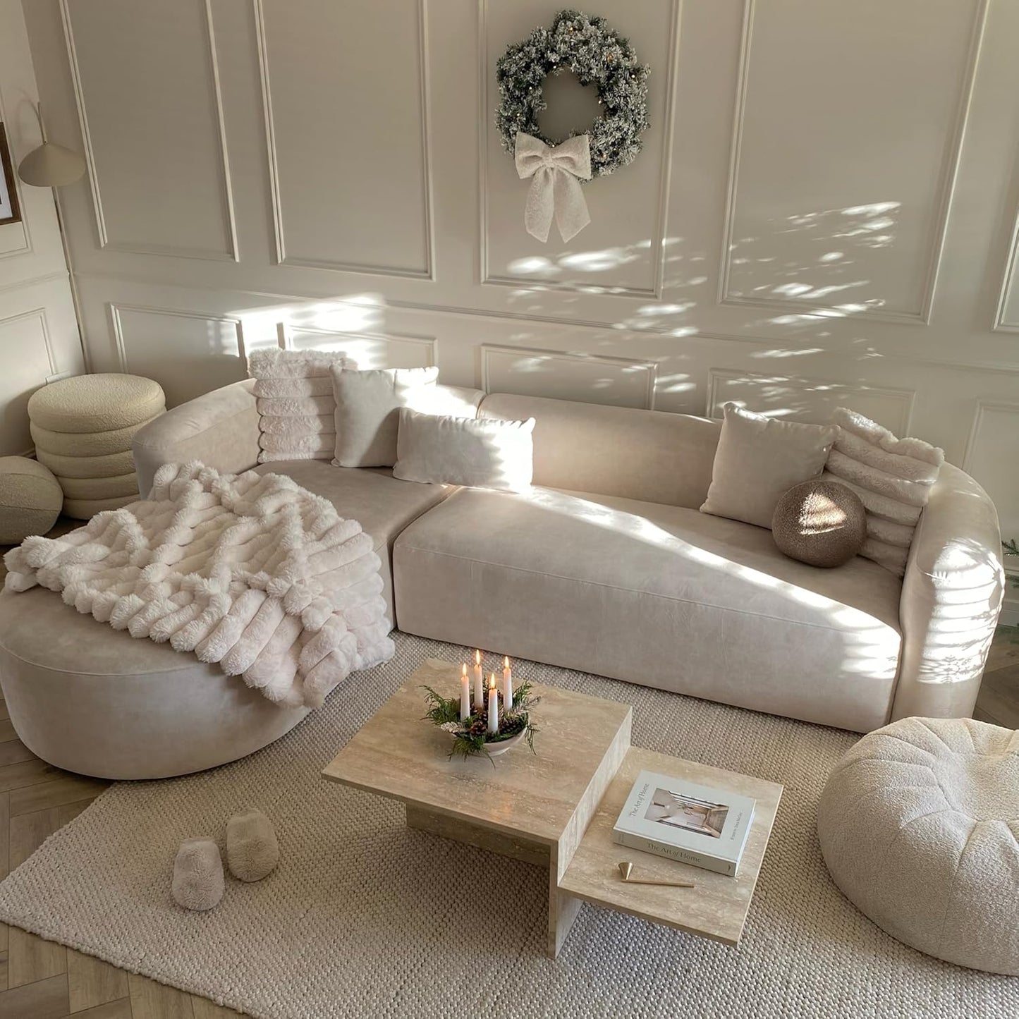 Acanva Luxury Modern Tight Curved Back Velvet Sofa, Minimalist Style Comfy Couch for Living Room Apartment, L-Shaped Sectional with Left Chaise, Cream