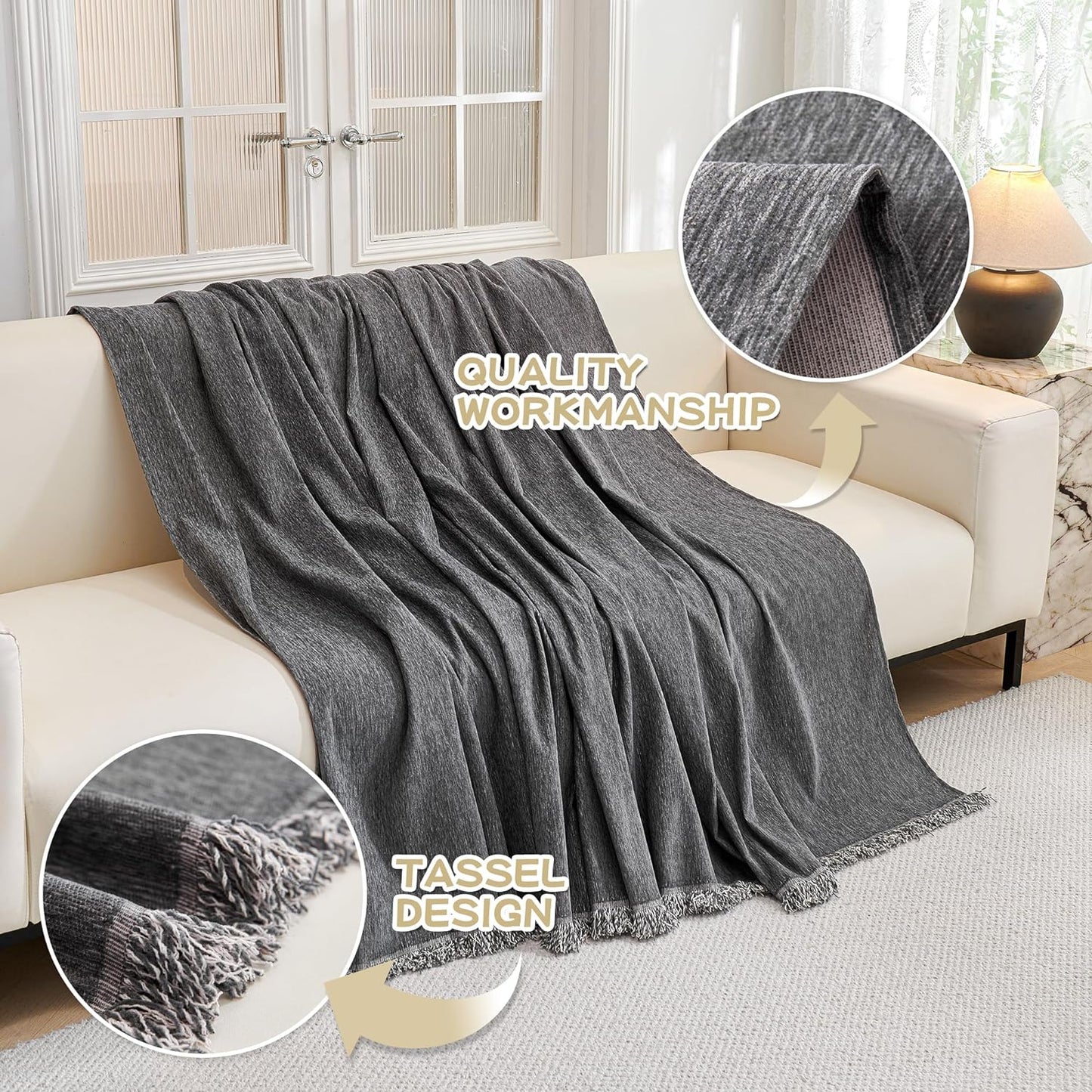 MYSKY HOME Couch Cover for Sofa Couch Covers for Pets, Non Slip Dogs Furniture Protector with Tassels for Living Room Non Slip Washable Furniture Protector Cover for Pet, Cat, 91"x118", Dark Grey