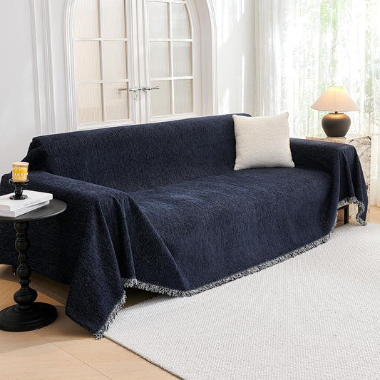 MYSKY HOME Sofa Covers Love Seat Couch Covers Couch Covers for Reclining Couches Couch Cover Sectional Washable Couch Cover with Tassels Sofa Protector for Kids, Dogs, Pets, 71"x118", Navy Blue