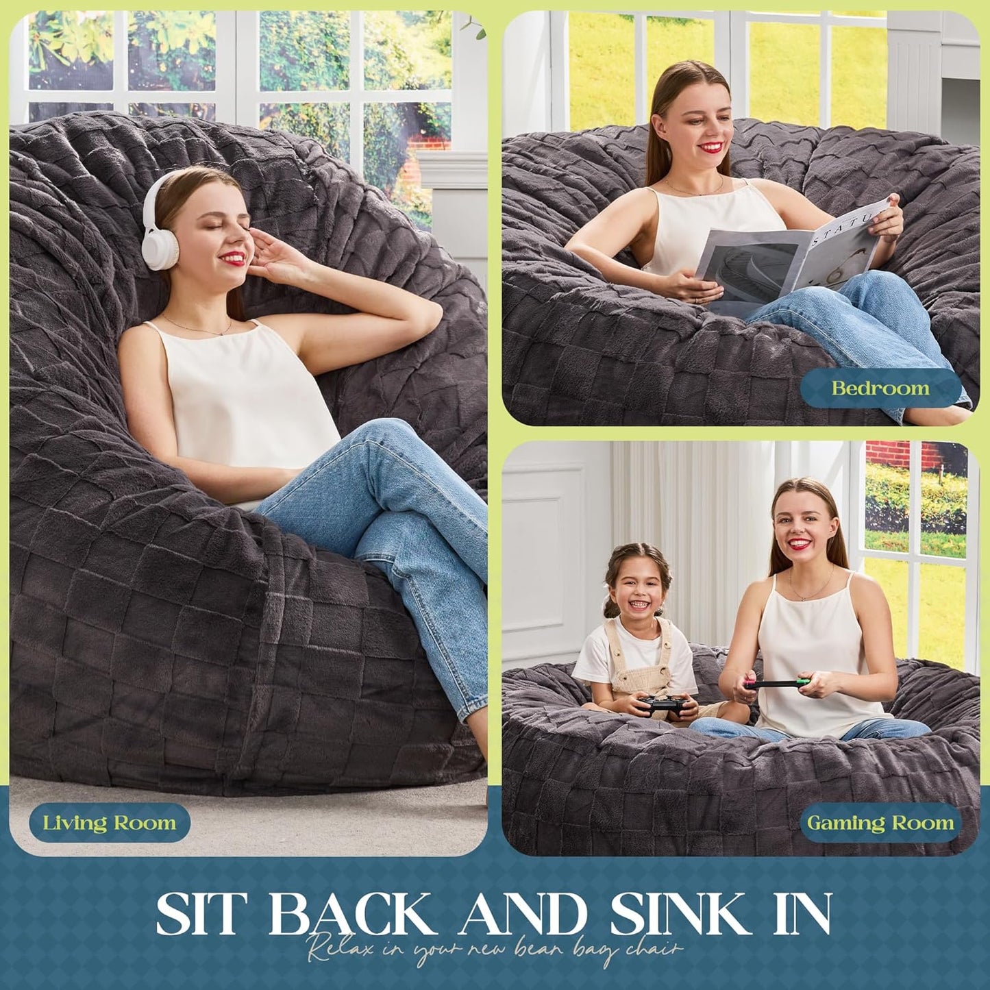 Hobestluk Bean Bag Chairs Beanbag Chair with Filler Adult Bean Bags with Fluffy Cover, Giant Bean Bag Chairs for Adults for Living Room, Bedroom (Dark Grey, 4FT - 44” x 44” x 24”)