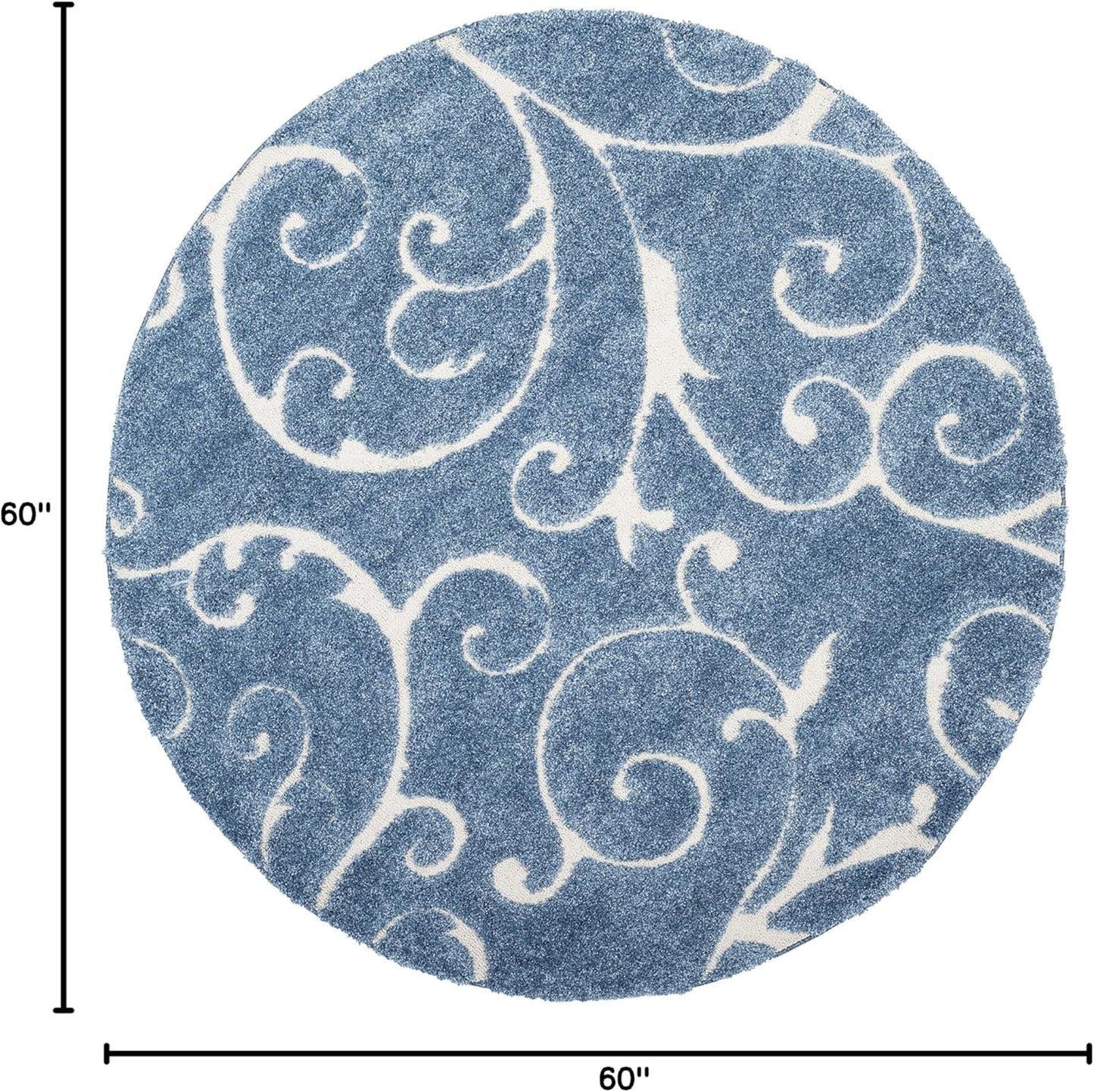 SAFAVIEH Florida Shag Collection 5' Round Light Blue/Cream SG455 Scrolling Vine Graceful Swirl Textured Non-Shedding Living Room Bedroom Dining Room Entryway Plush 1.2-inch Thick Area Rug
