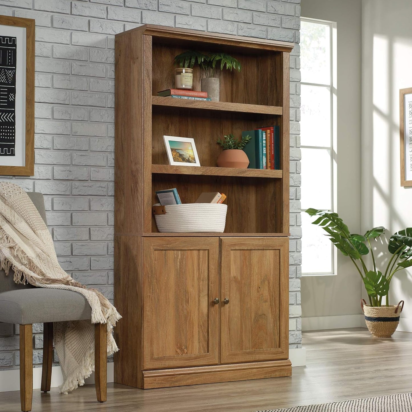 Sauder Miscellaneous Storage Transitional 3-Shelf 2-Door Bookcase/ Book shelf, Sindoori Mango finish