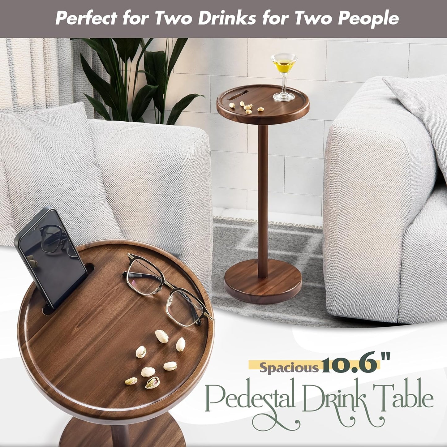 Drink Table, 24.4" Tall Compact Side Table with Phone Slot and Weighted Base, Durable Pedestal Table Accent for Living Room (Flat, Walnut)