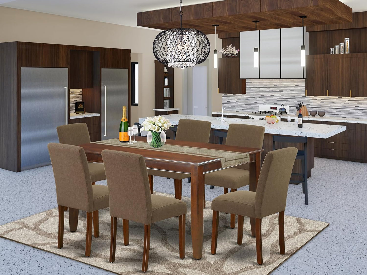 East West Furniture DUAB7-MAH-18 7 Piece Dining Room Table Set Consist of a Rectangle Kitchen Table and 6 Coffee Linen Fabric Parson Dining Chairs, 36x60 Inch, Mahogany