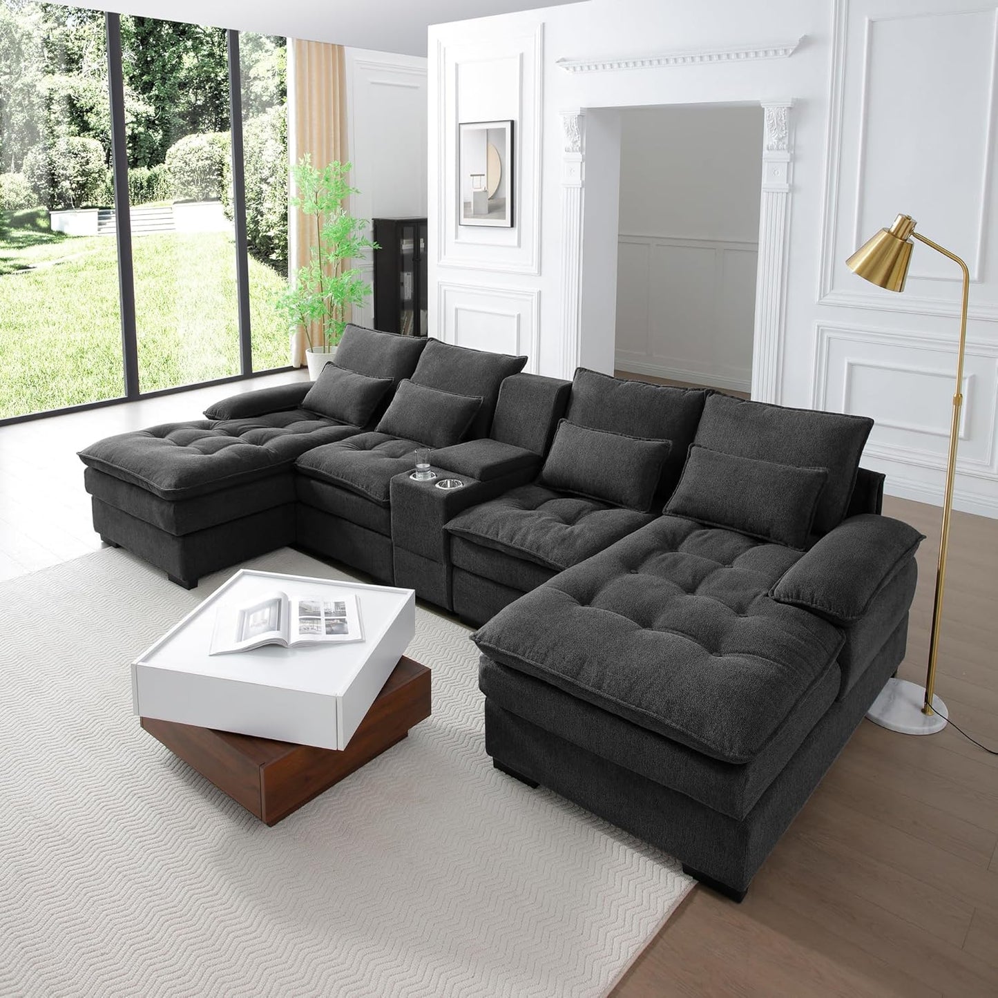 KEIKI 130" U-Shaped 6 seat Sofa with Storage Console, Cup Holders, Upholstered Sectional Sofa, Button Tufted Cloud Cushion Couch for Home, Office, Apartment, Gray